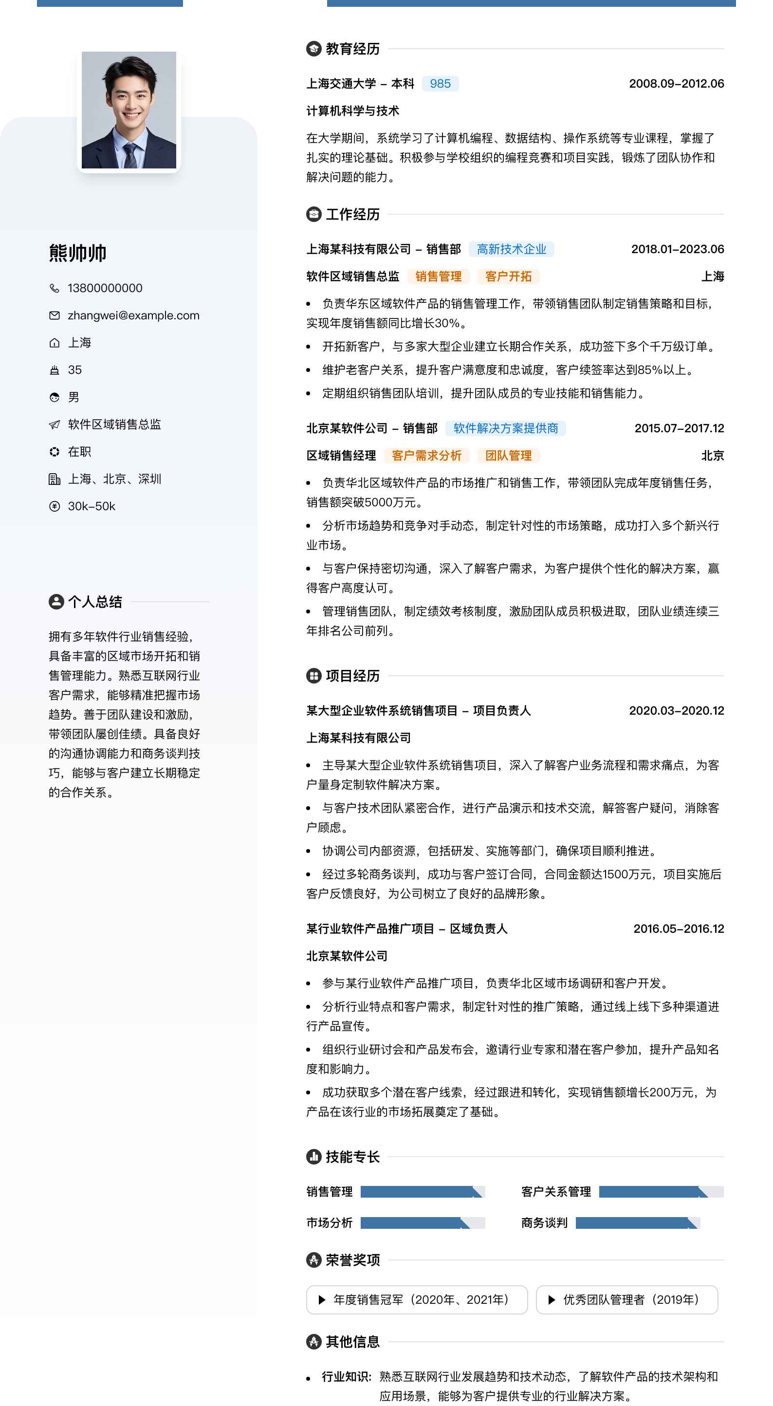软件区域销售总监简历模板
