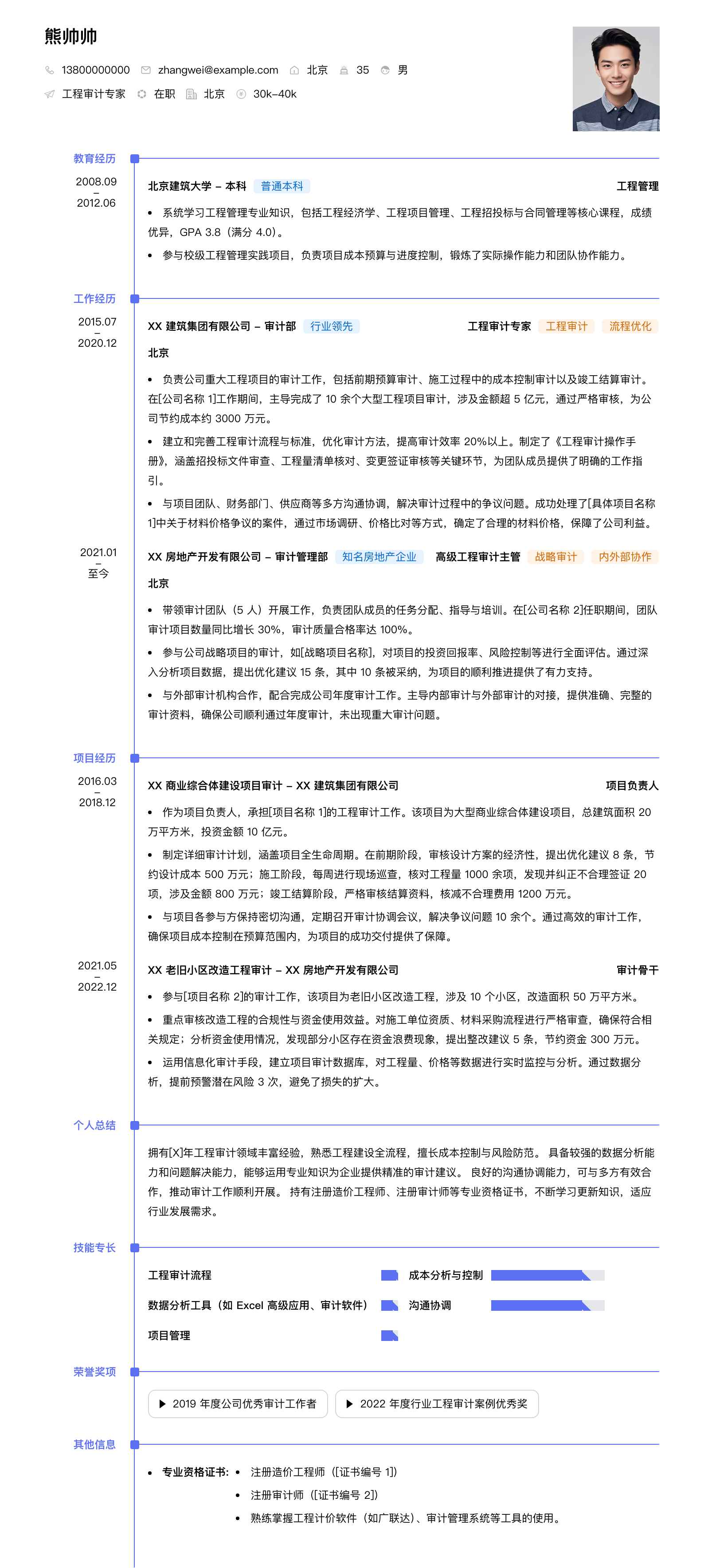 工程审计专家简历模板