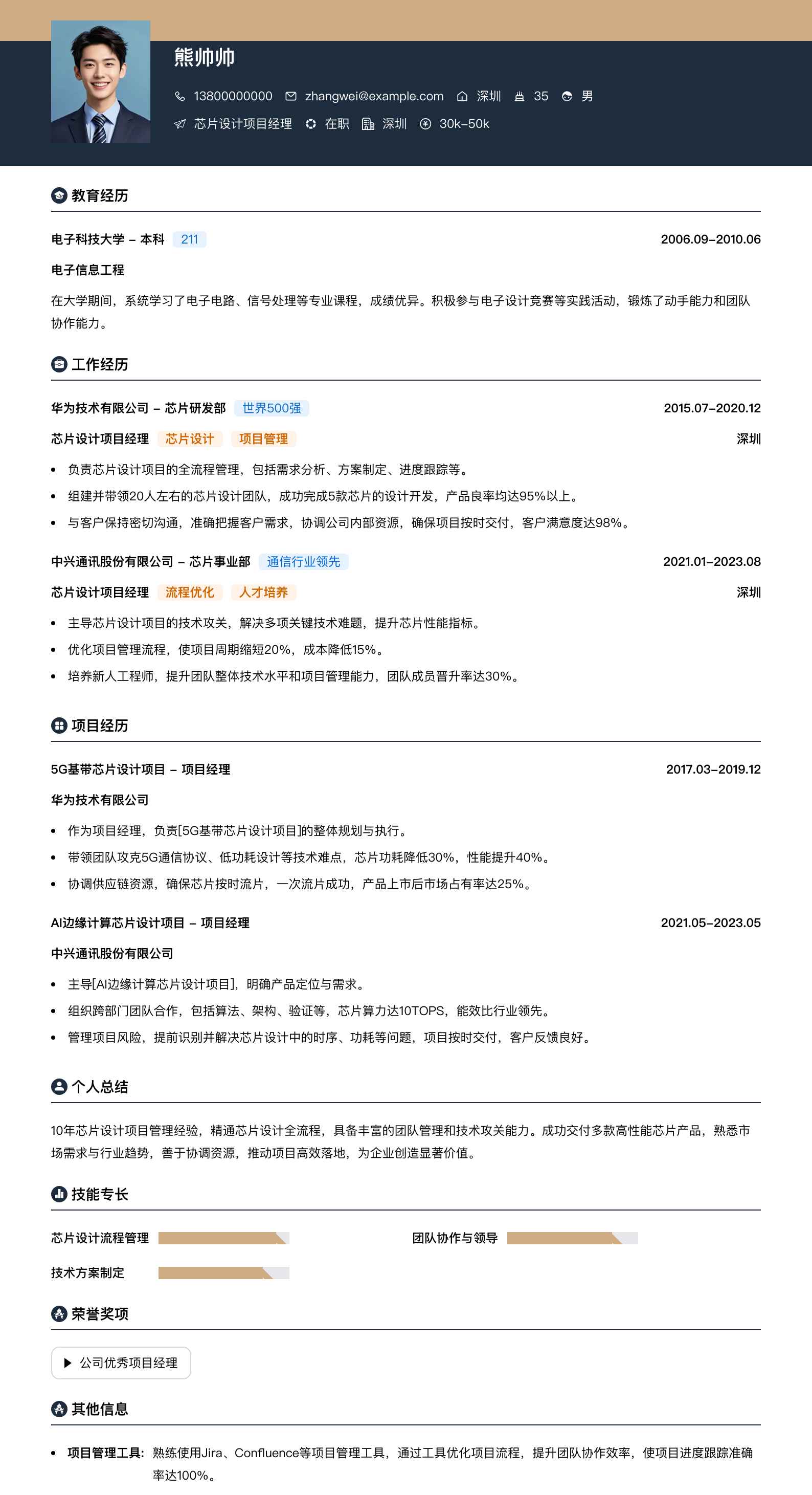 芯片设计项目经理简历模板