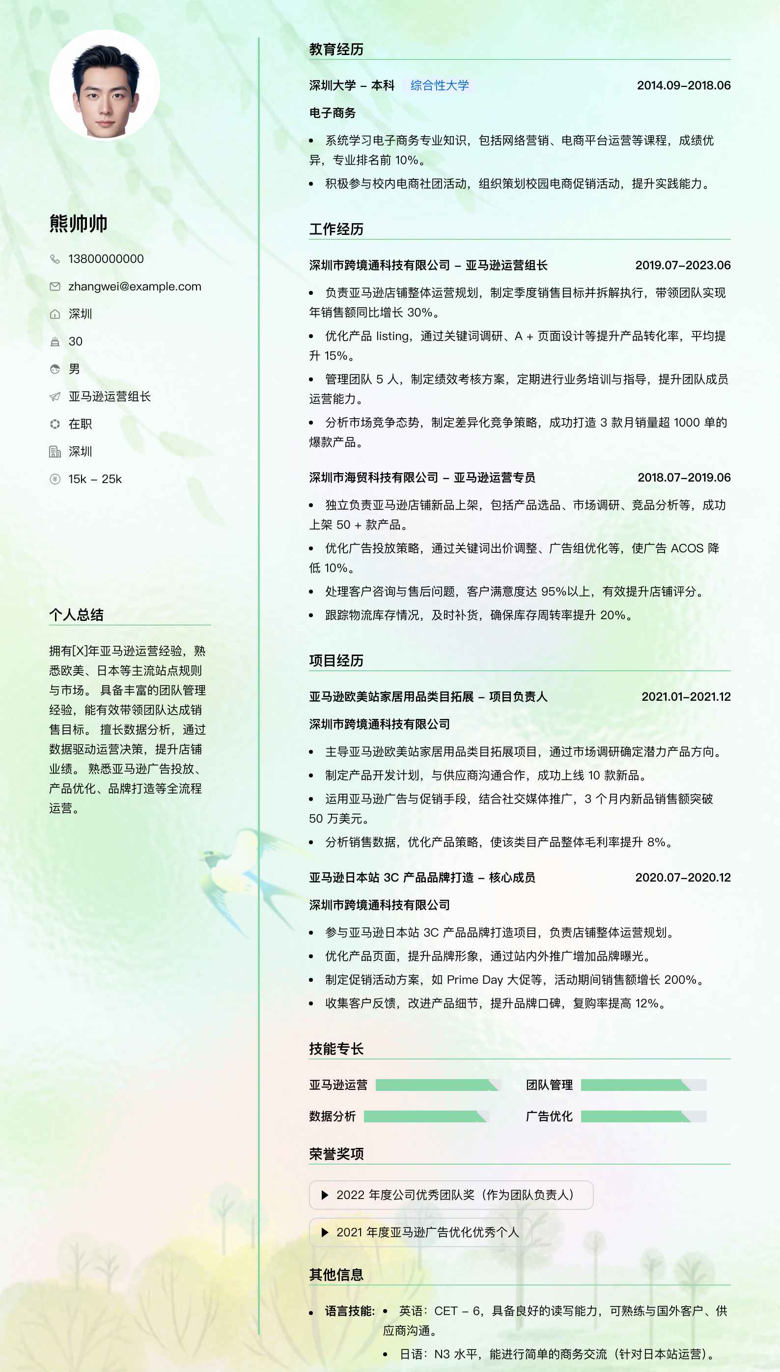 亚马逊运营组长简历模板