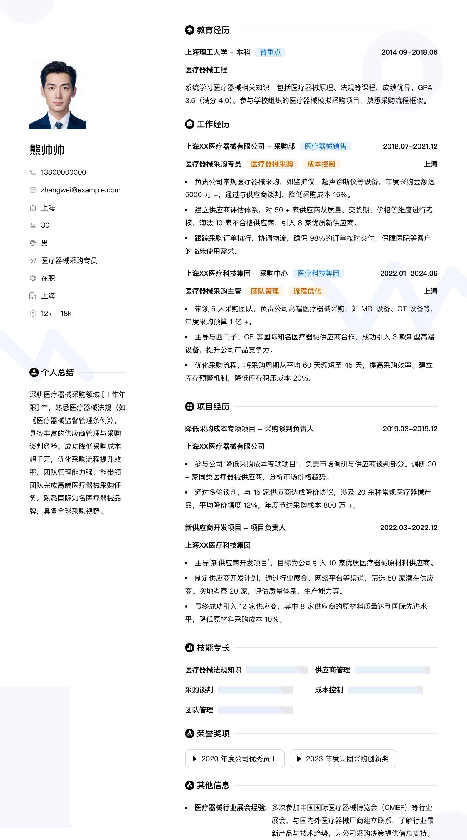 医疗器械采购专员简历模板