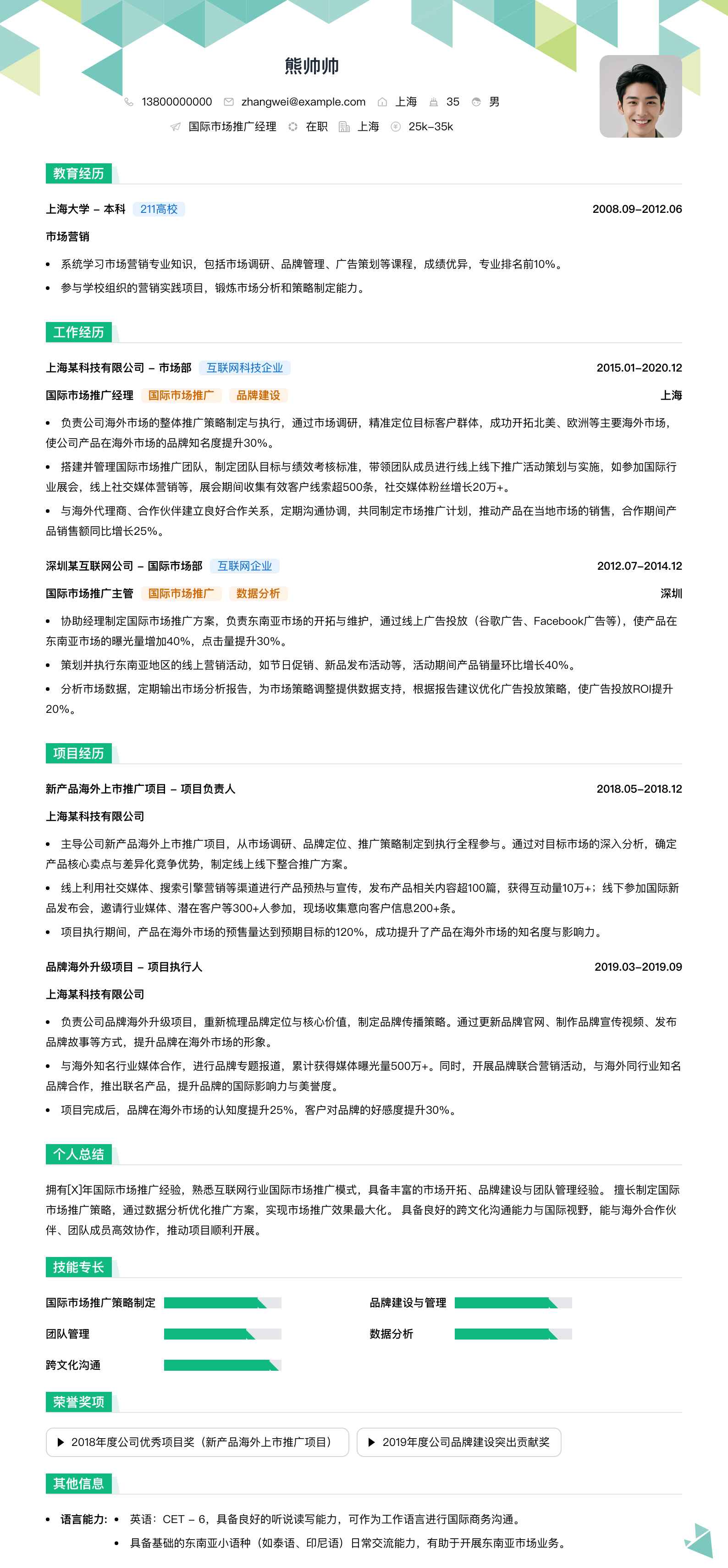 国际市场推广经理简历模板