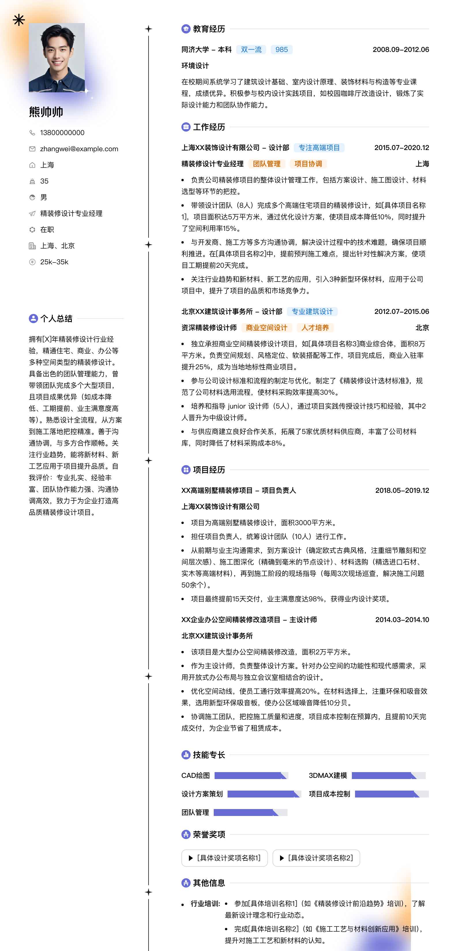 精装修设计专业经理简历模板