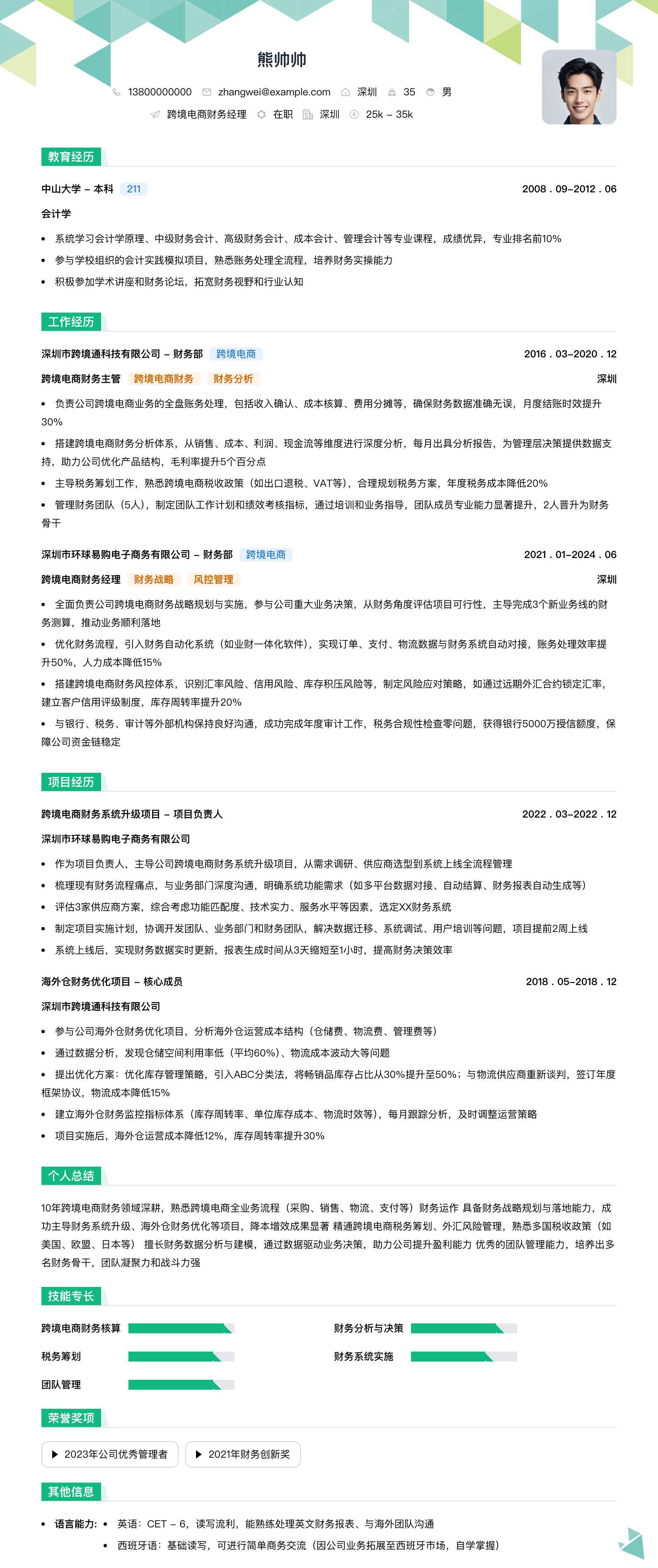 跨境电商财务经理简历模板