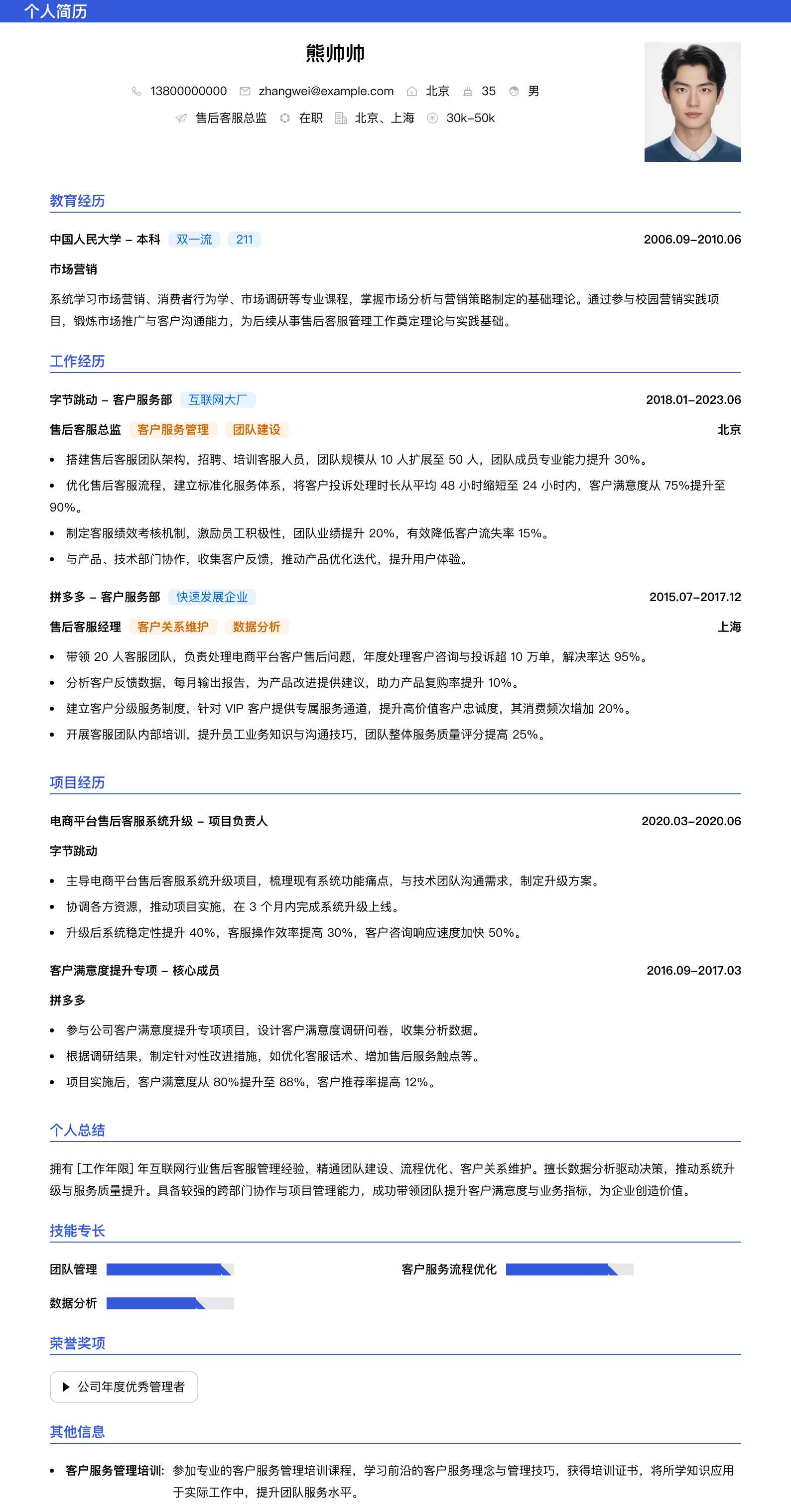 售后客服总监简历模板