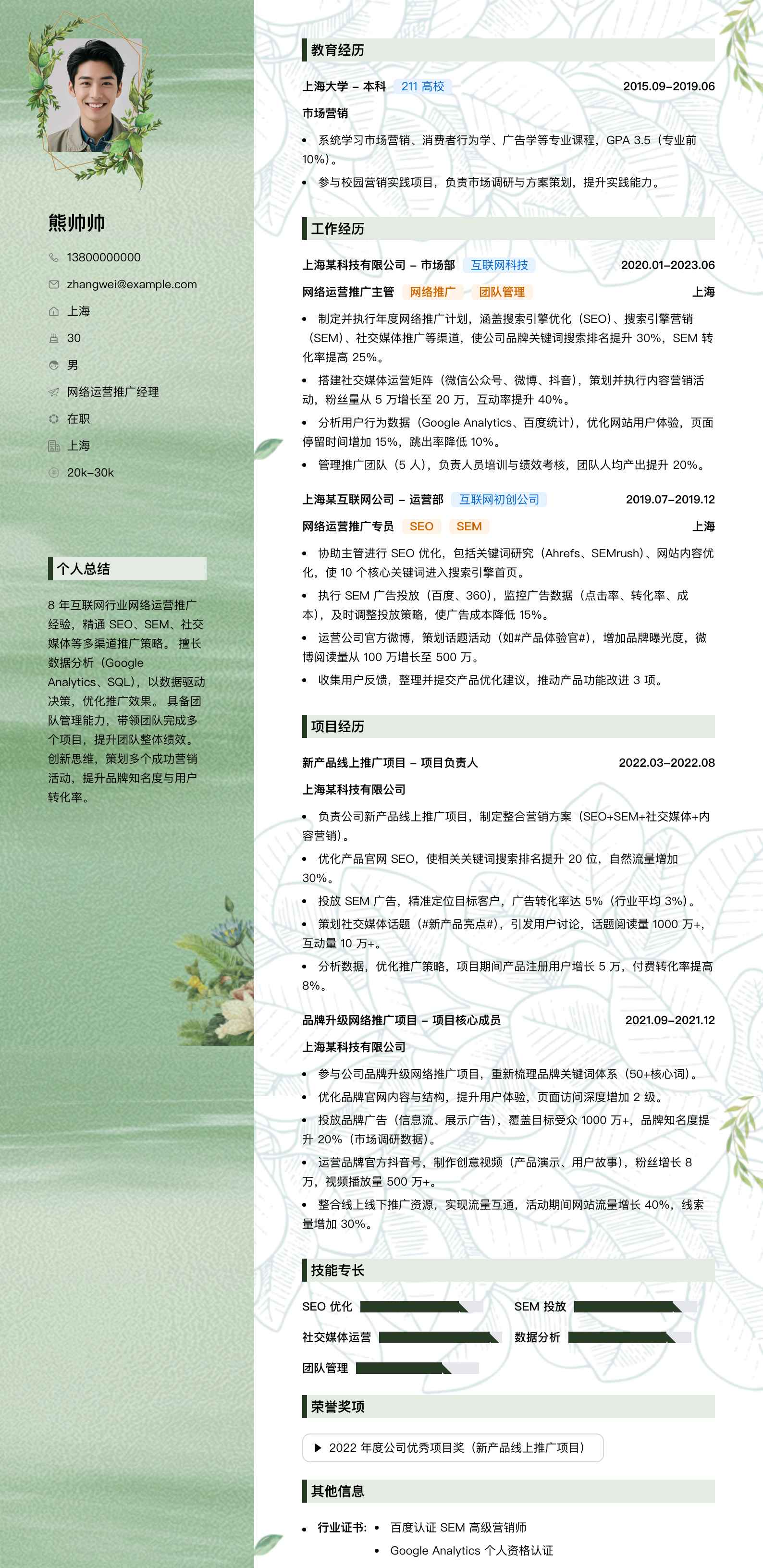 网络运营推广经理简历模板