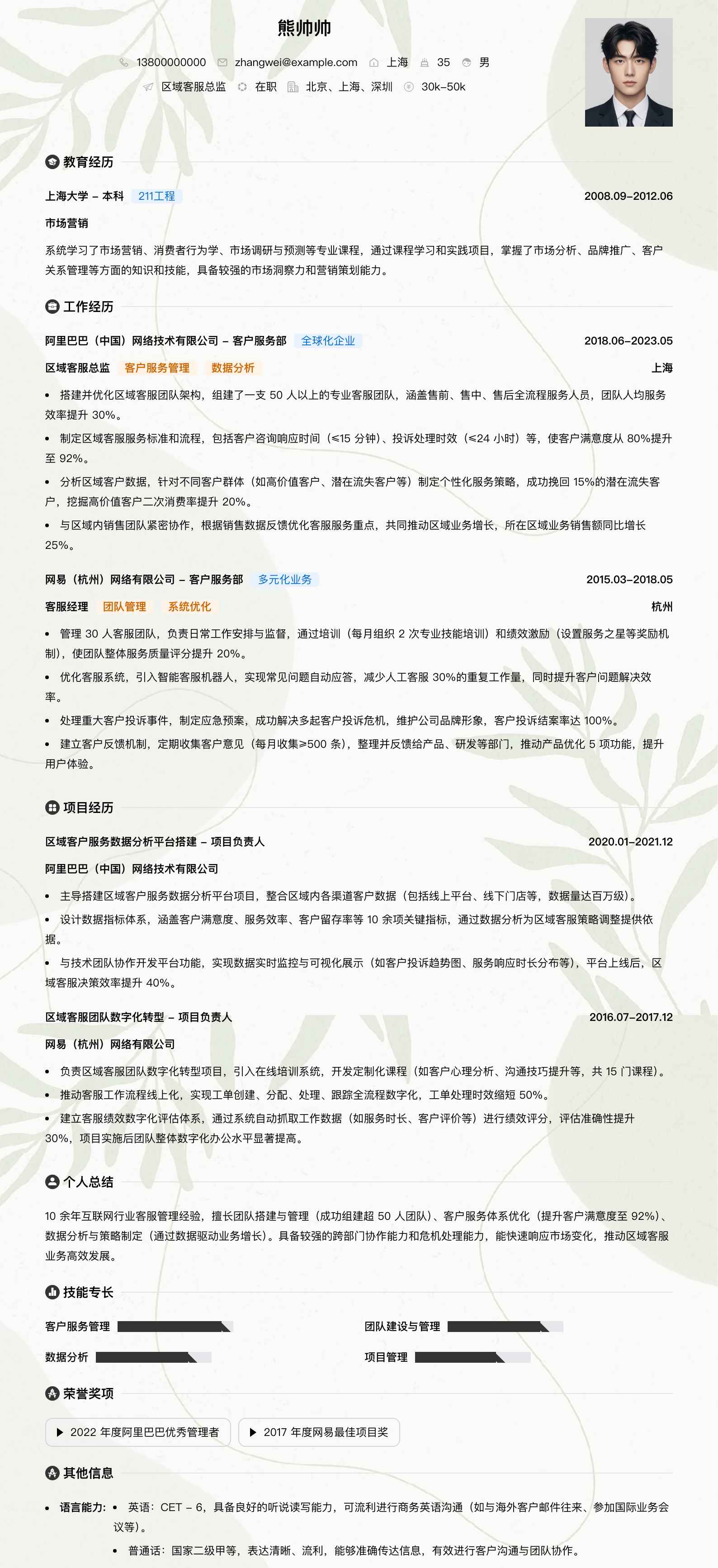 区域客服总监简历模板