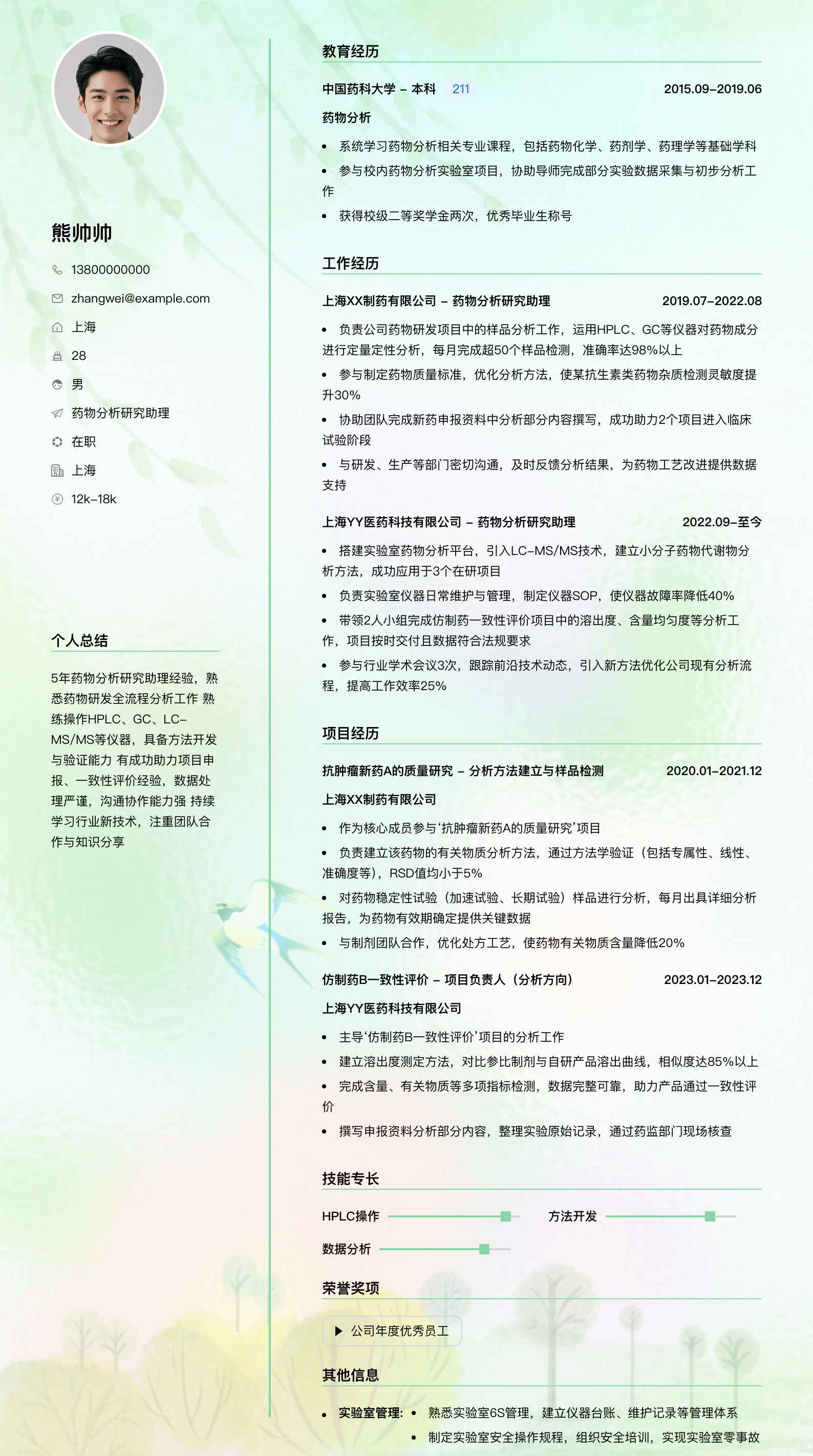 药物分析研究助理简历模板