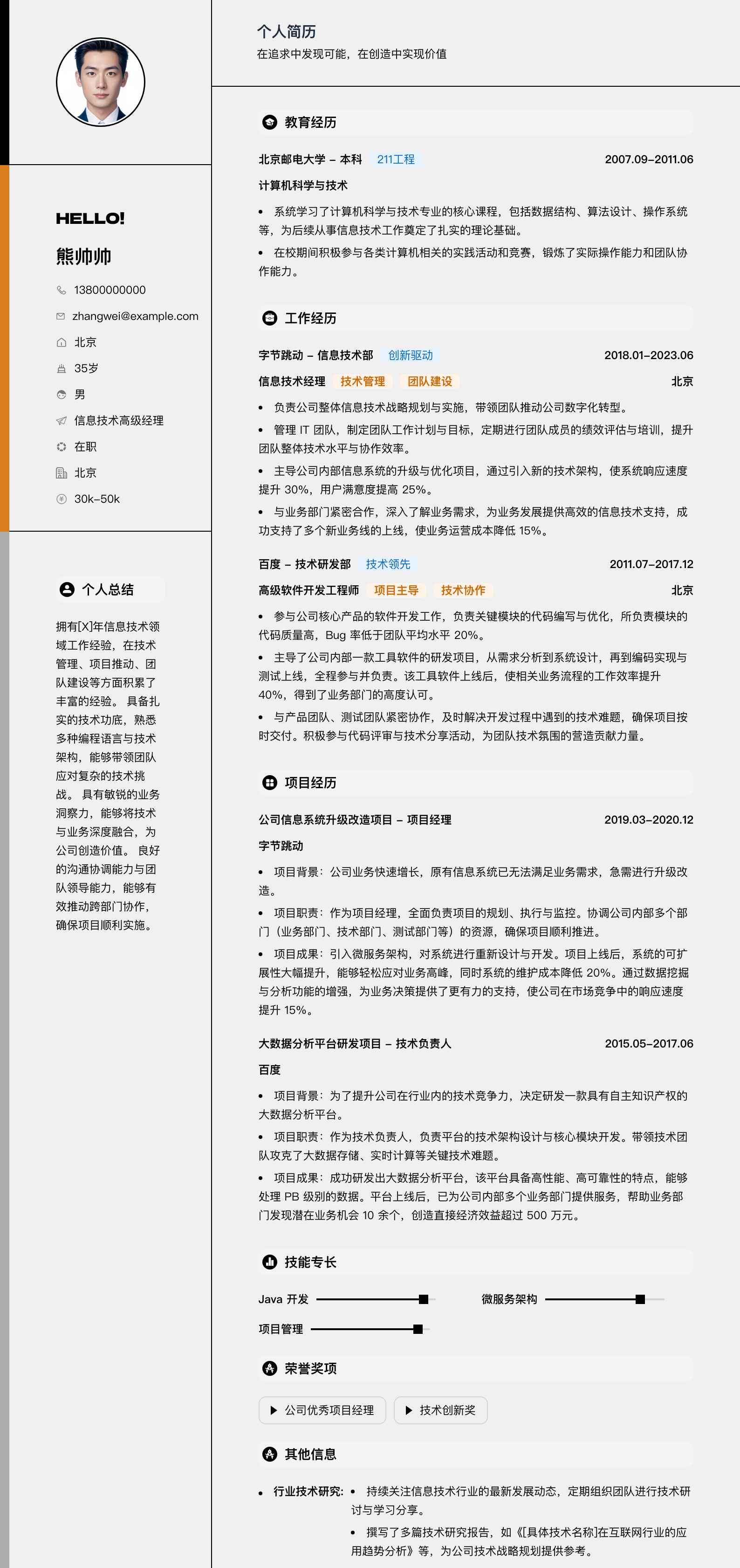 信息技术高级经理简历模板