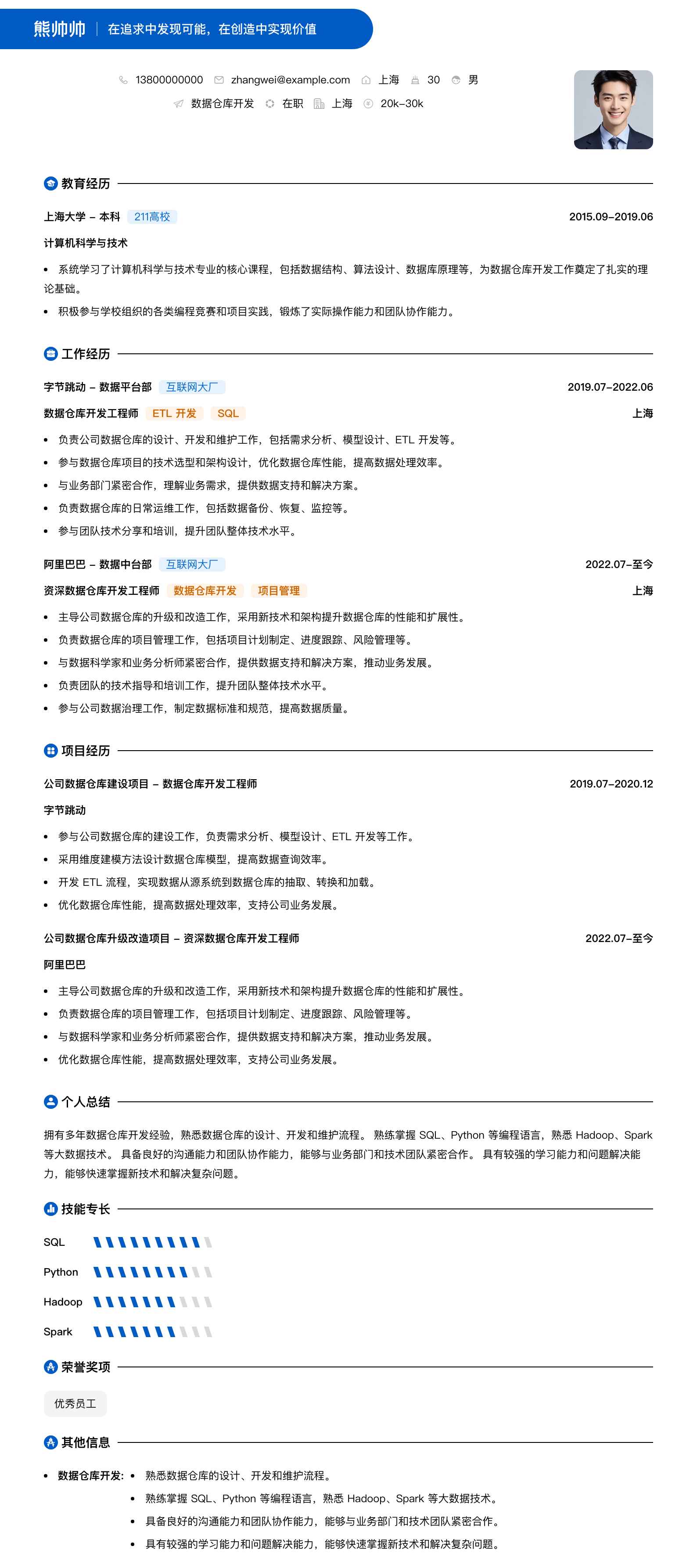 数据仓库开发简历模板