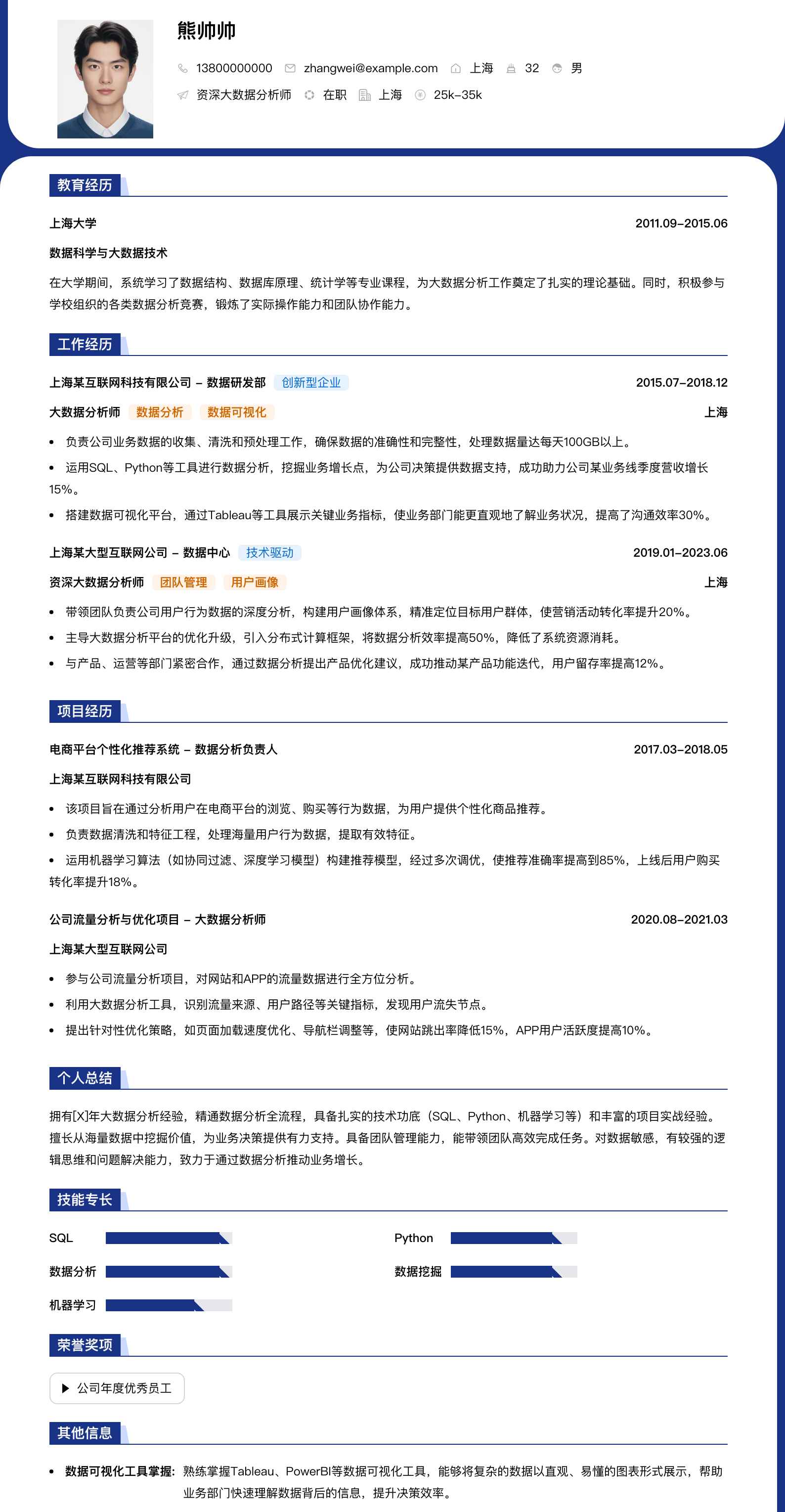资深大数据分析师简历模板