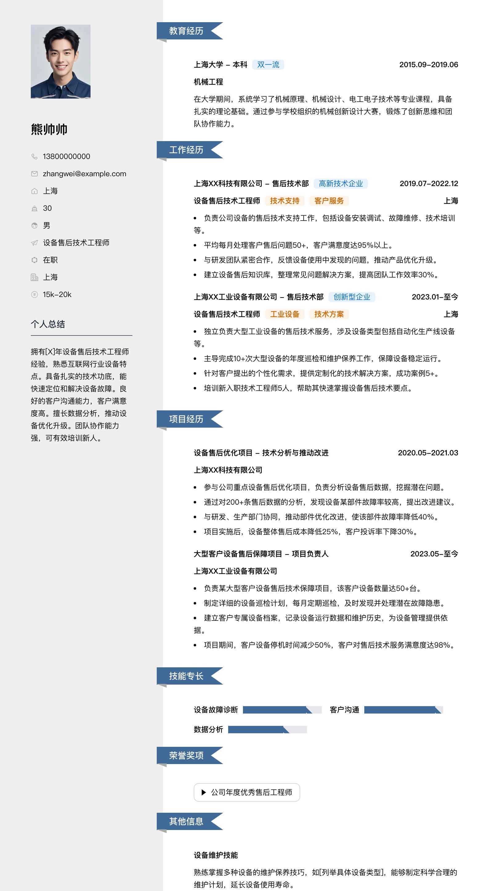 设备售后技术工程师简历模板