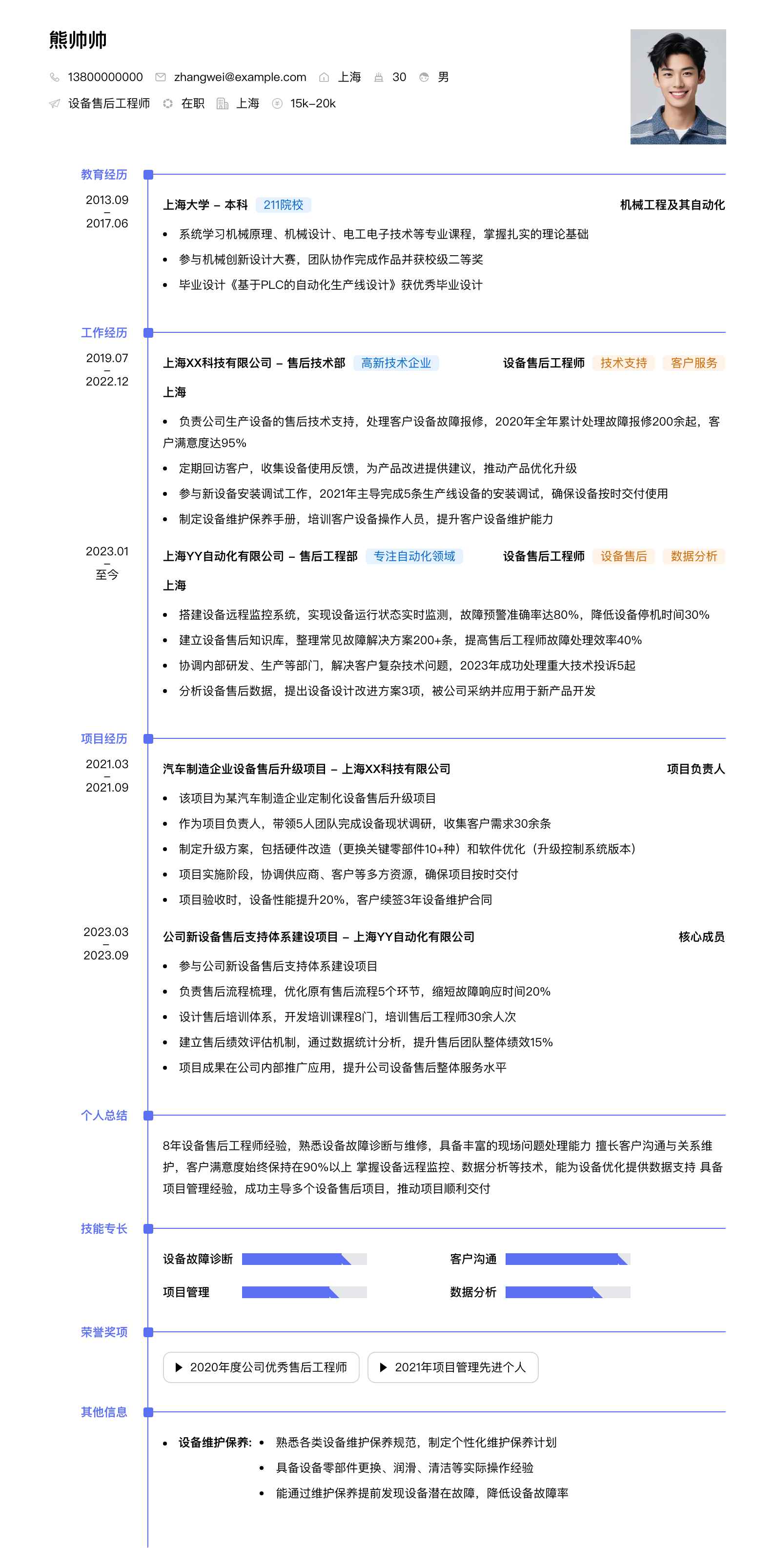 设备售后工程师简历模板