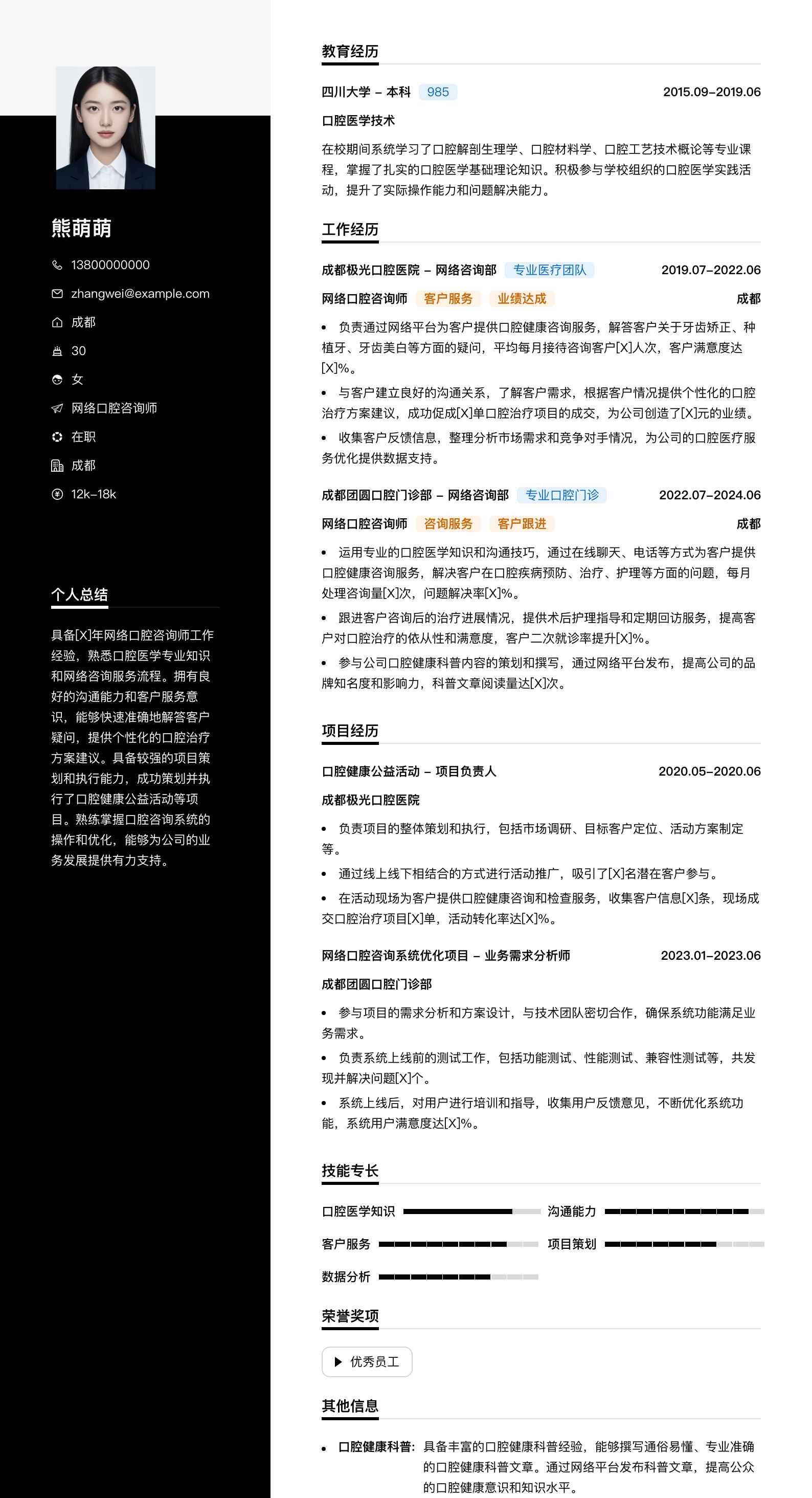 网络口腔咨询师简历模板