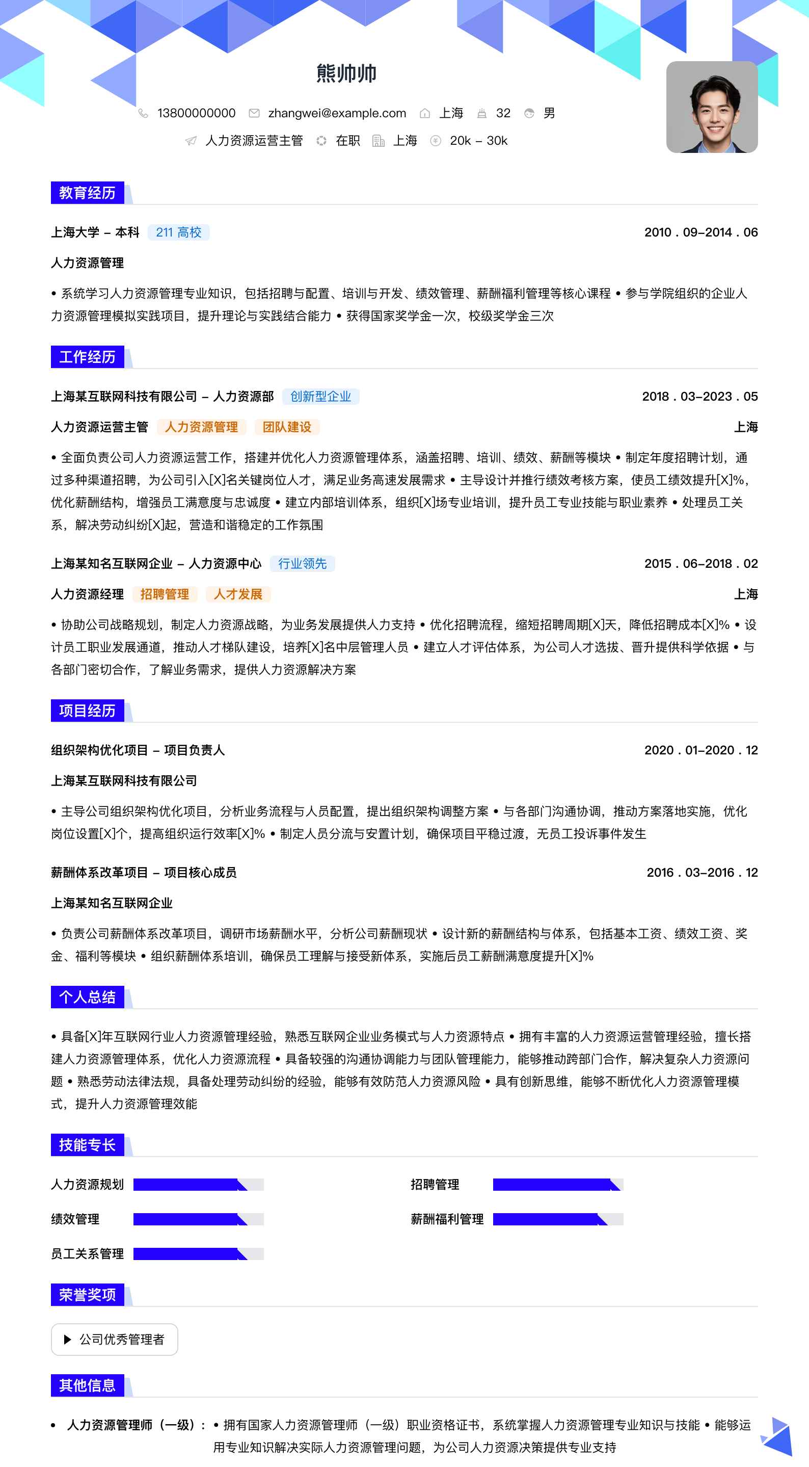 人力资源运营主管简历模板