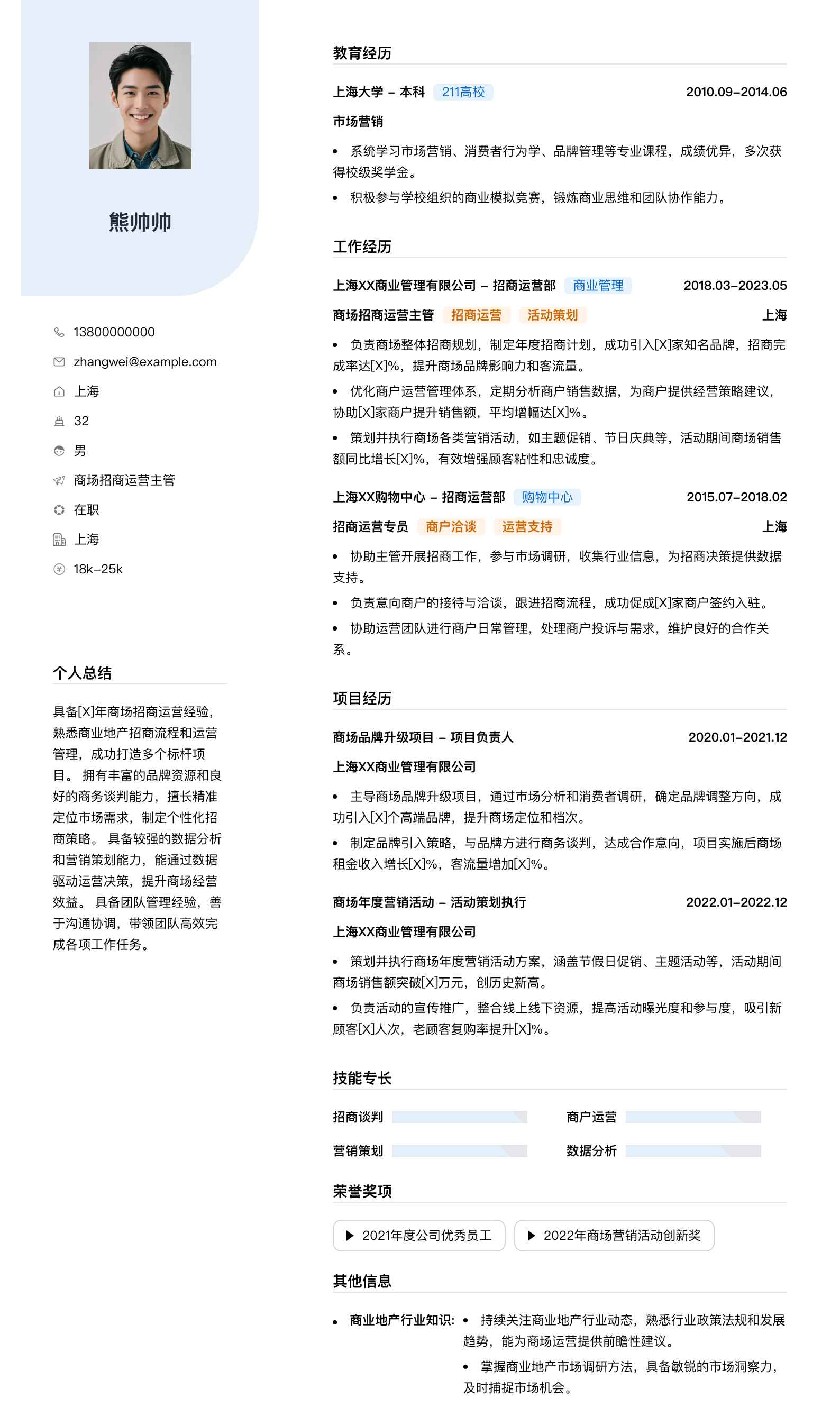 商场招商运营主管简历模板