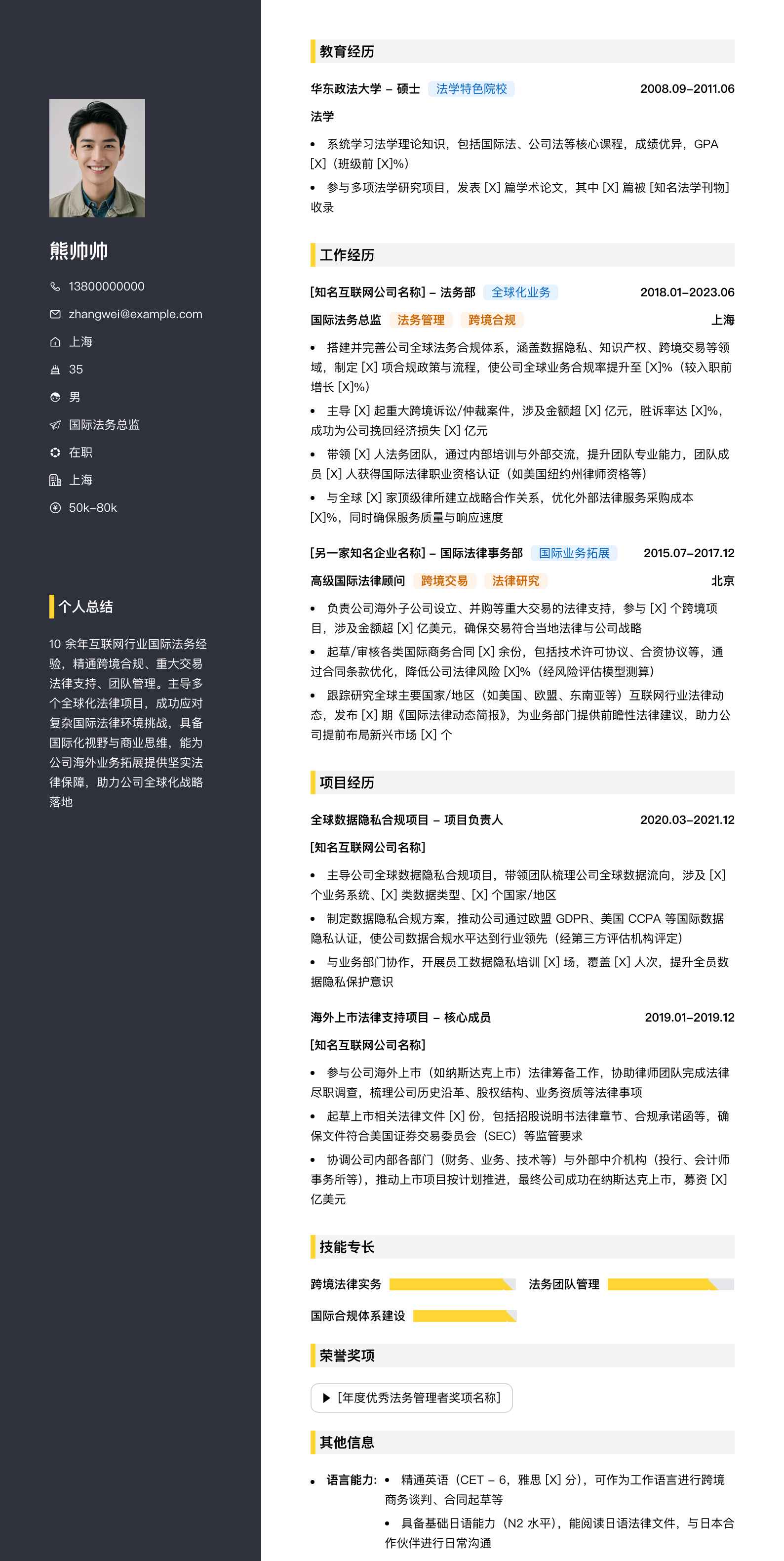 国际法务总监简历模板