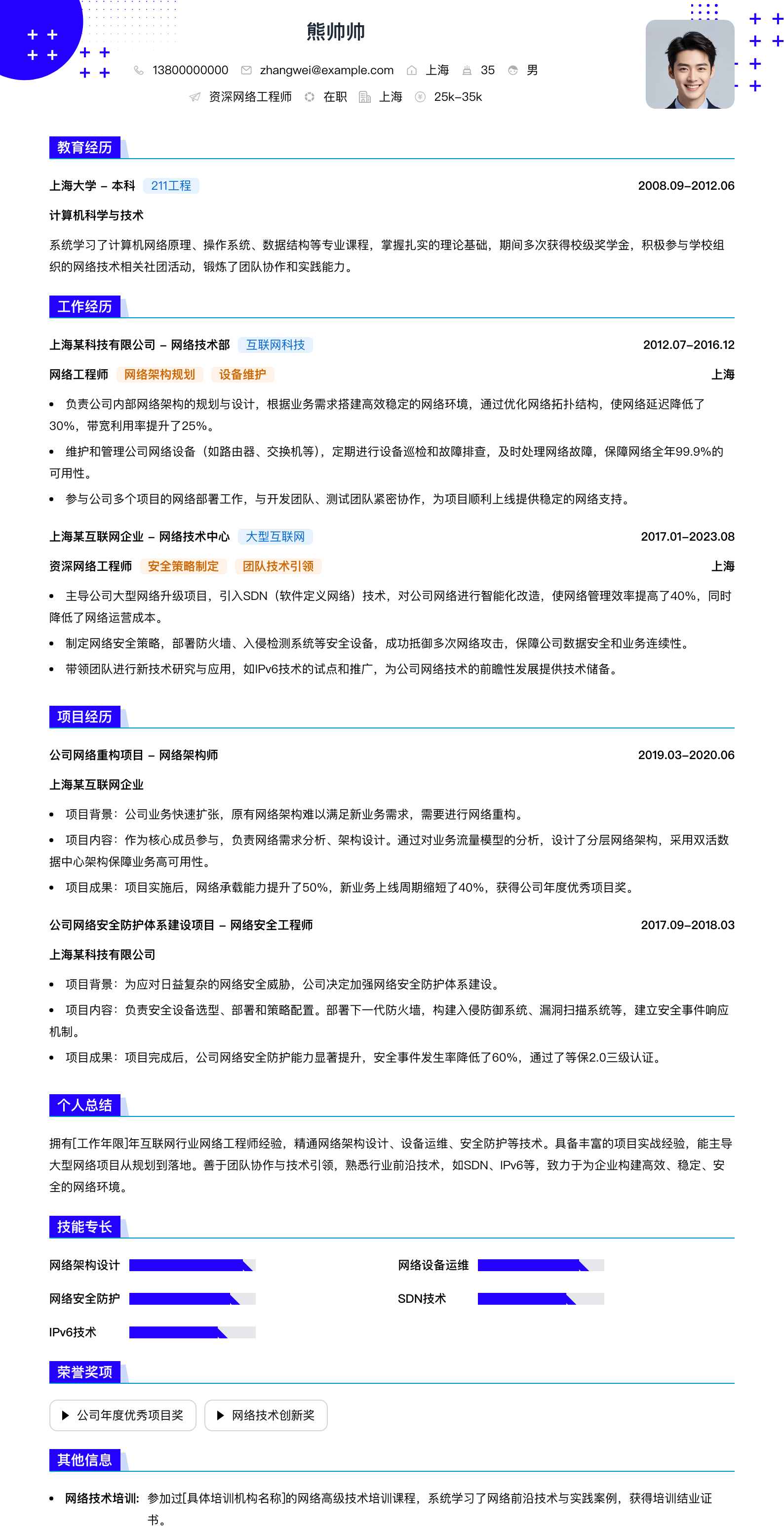 资深网络工程师简历模板