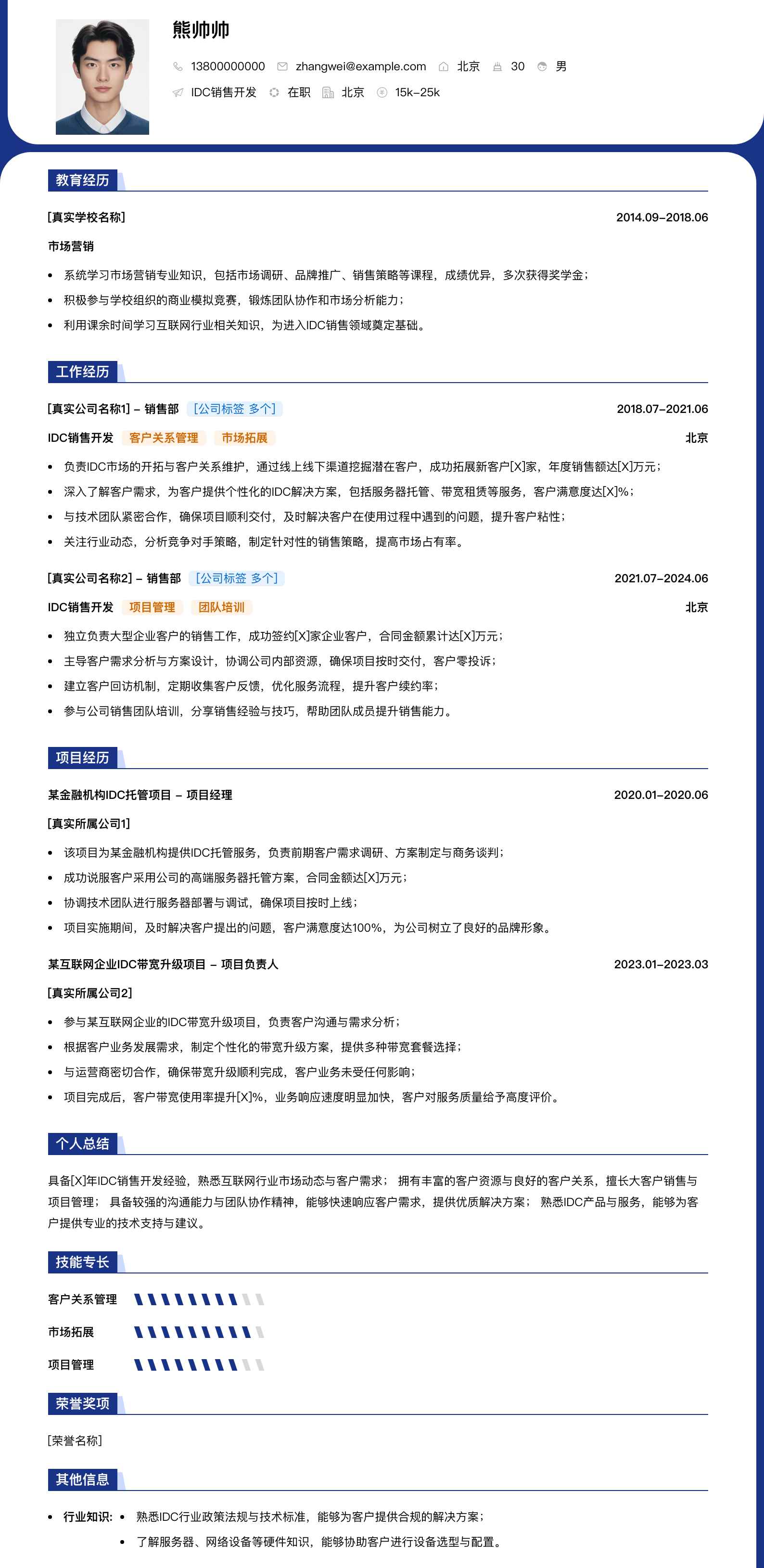 idc销售简历模板