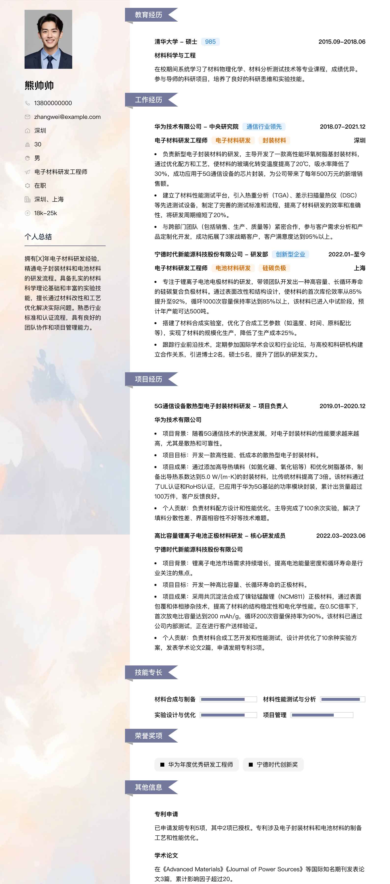 电子材料研发工程师简历模板