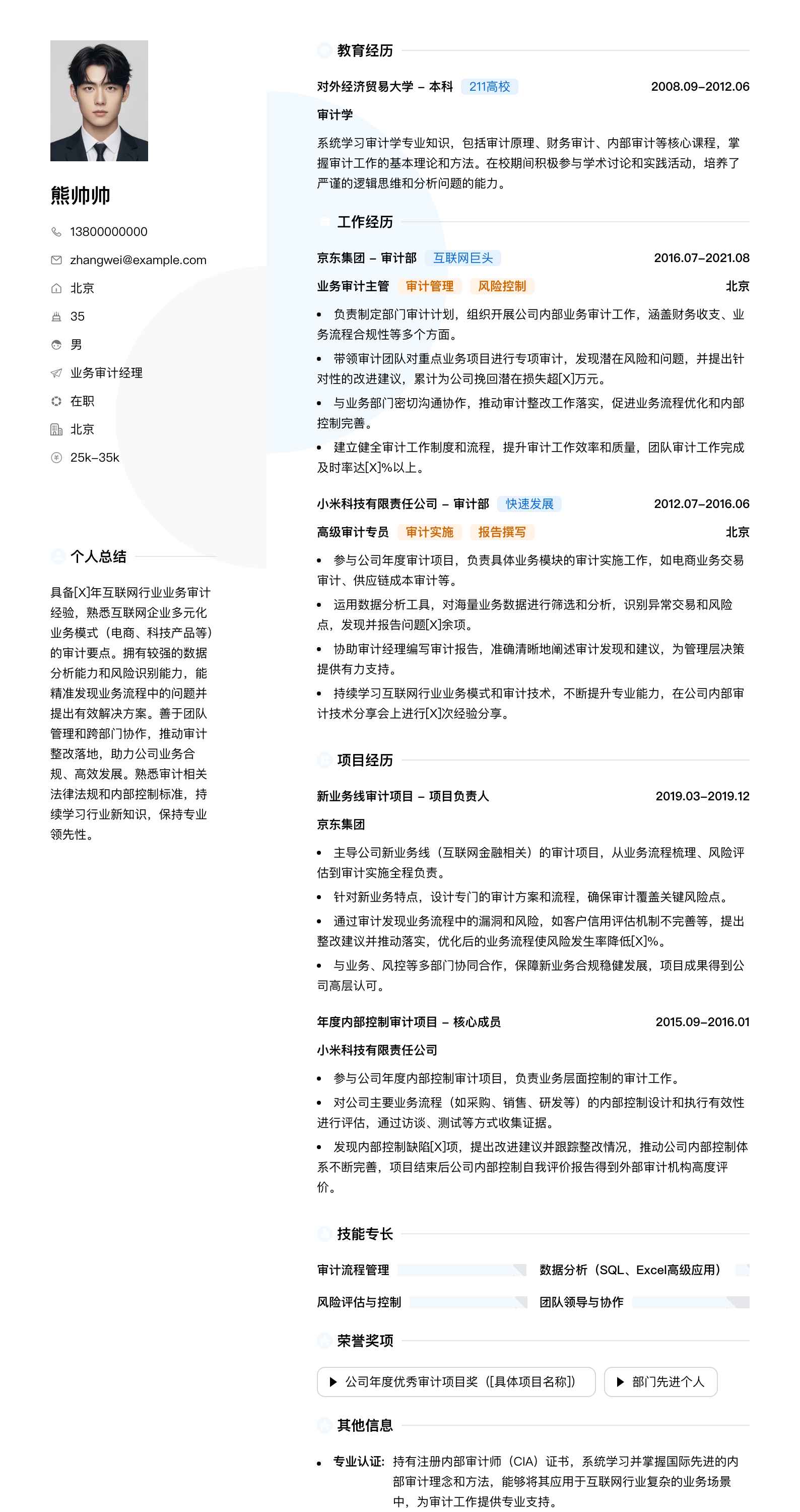 业务审计经理简历模板