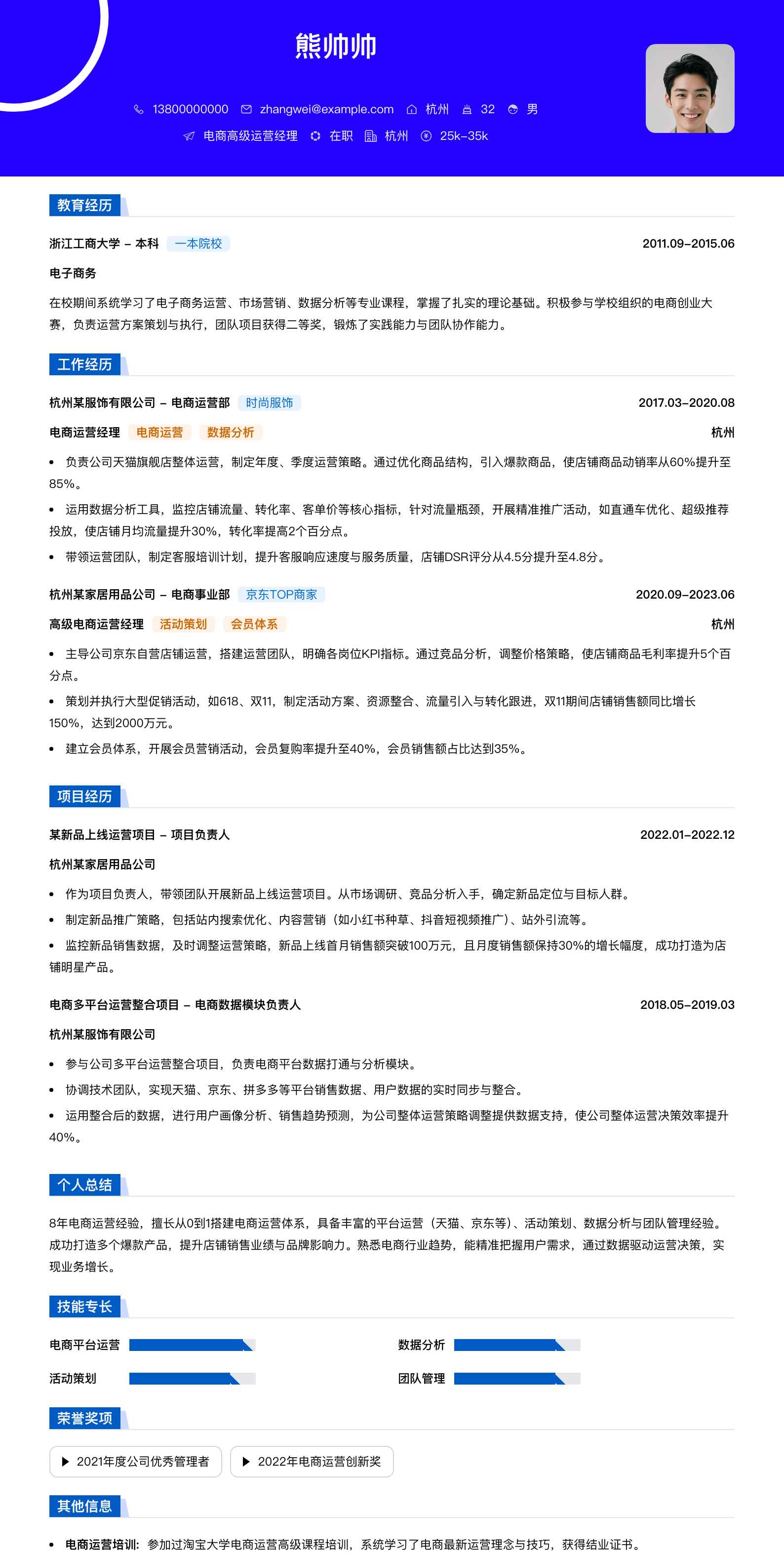 电商高级运营经理简历模板
