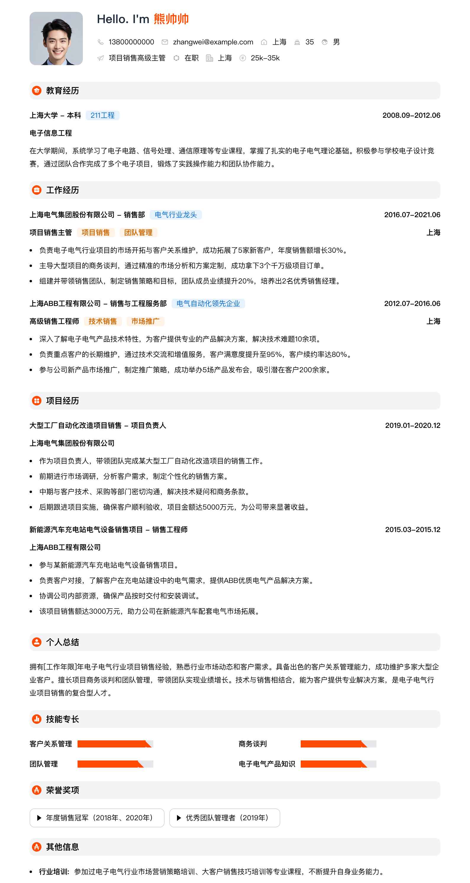 项目销售高级主管简历模板