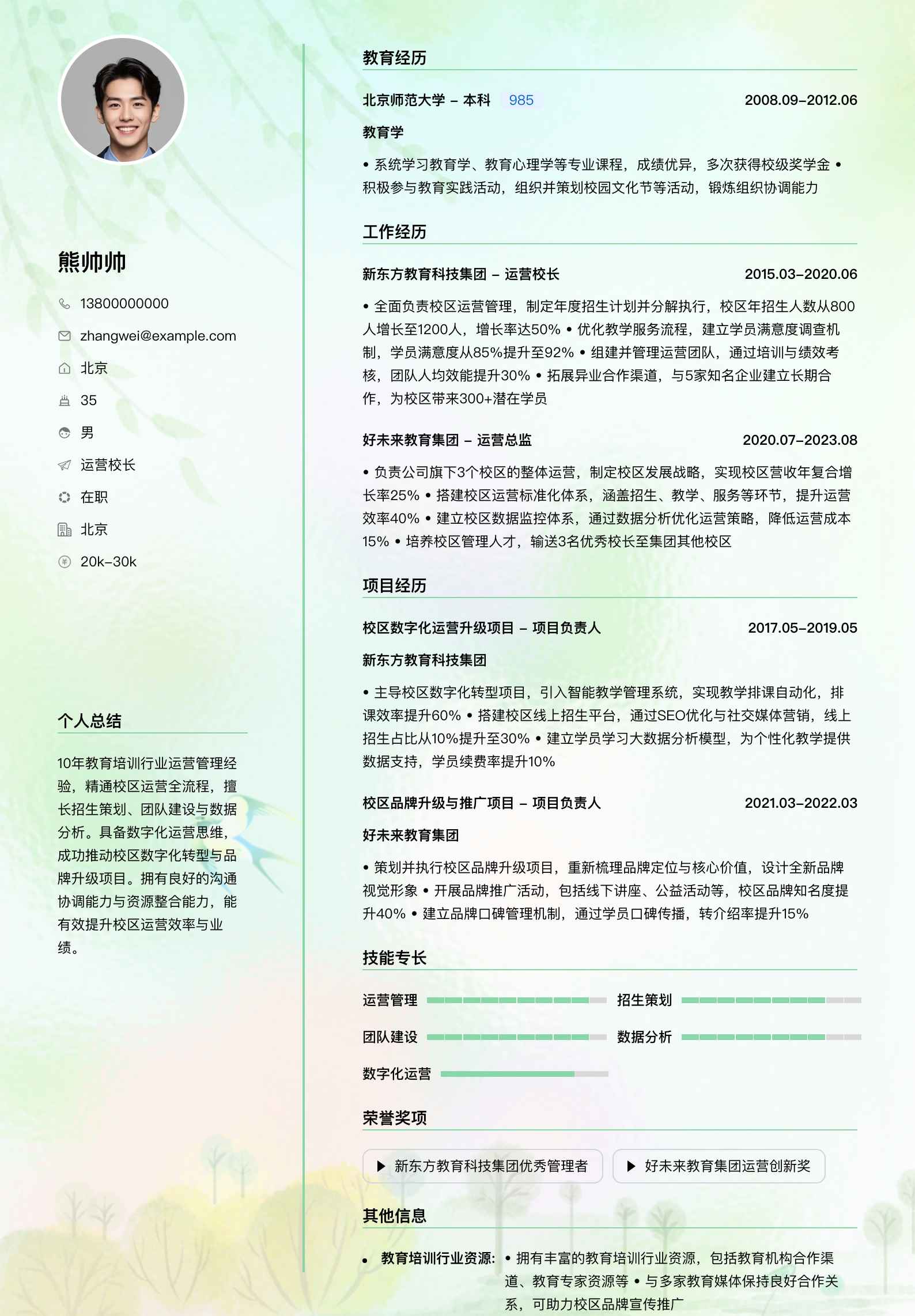 运营校长简历模板