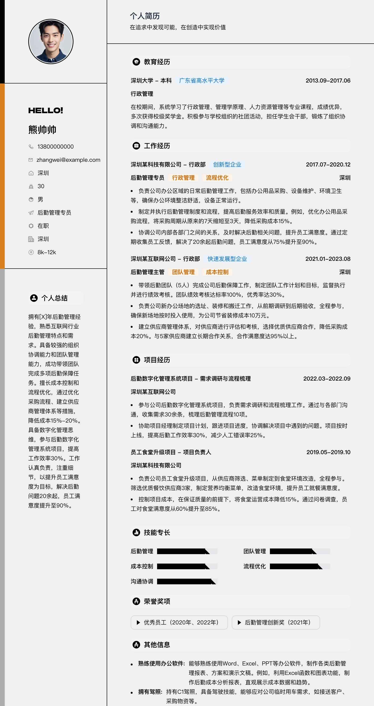 后勤管理专员简历模板