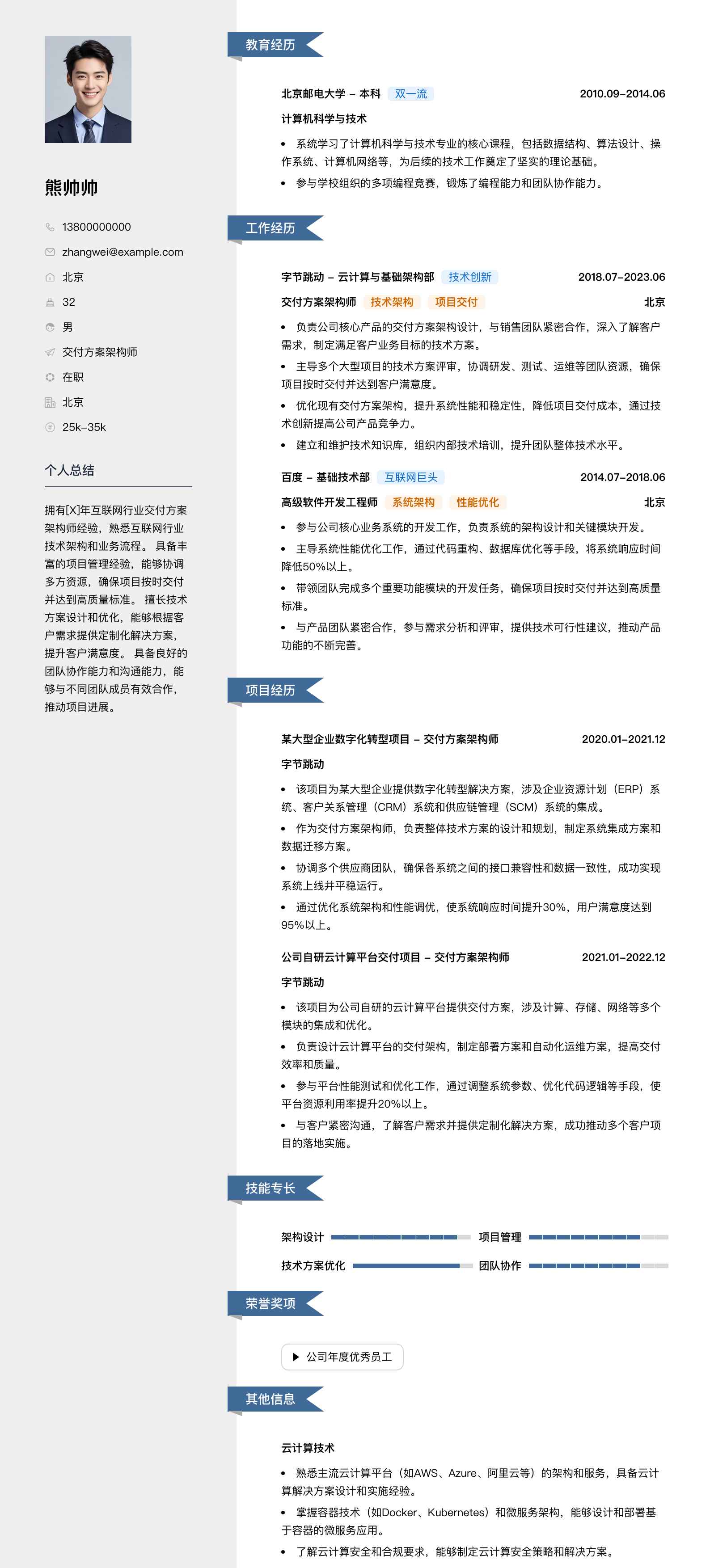 交付方案架构师简历模板