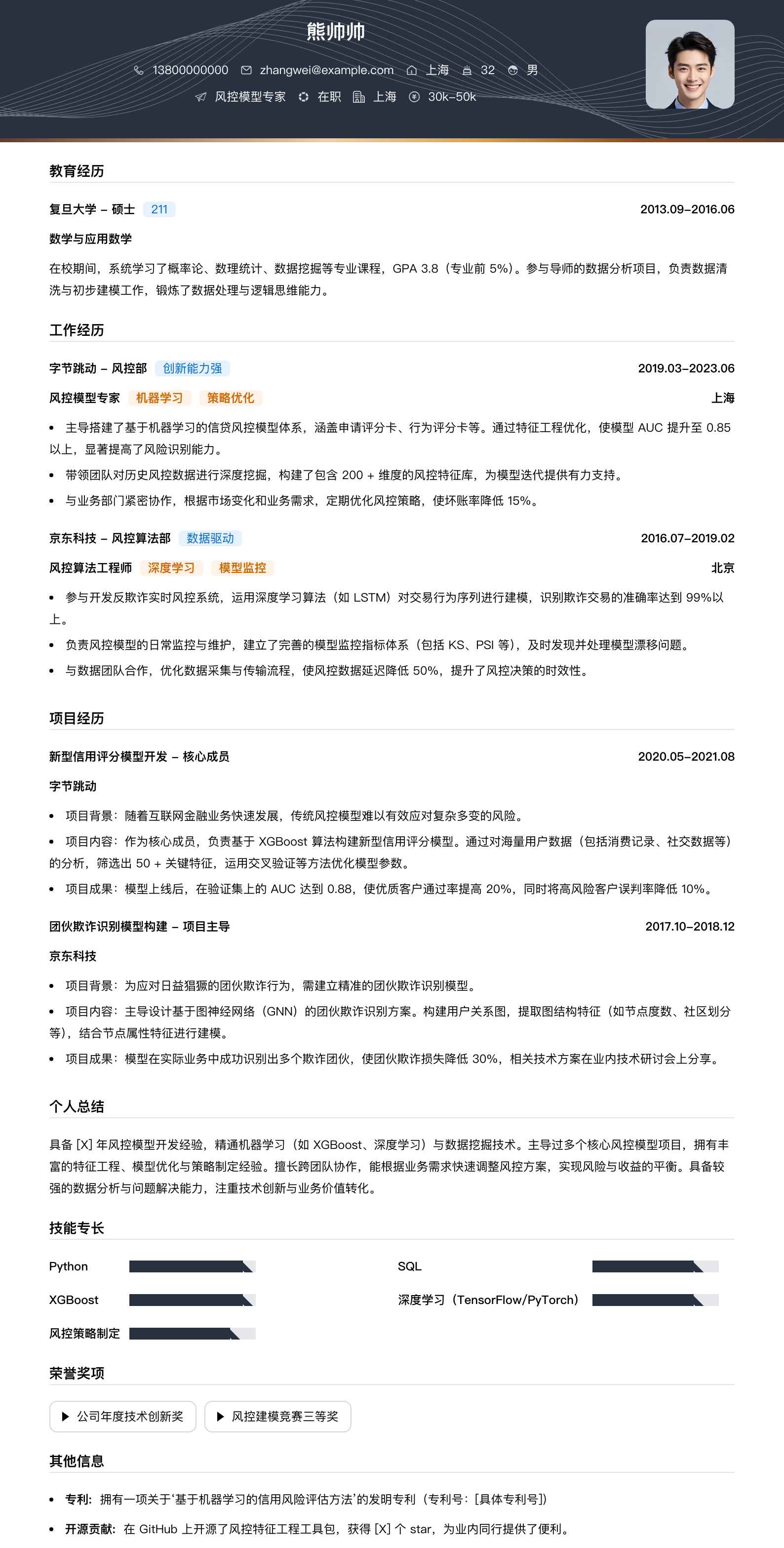 风控模型专家简历模板