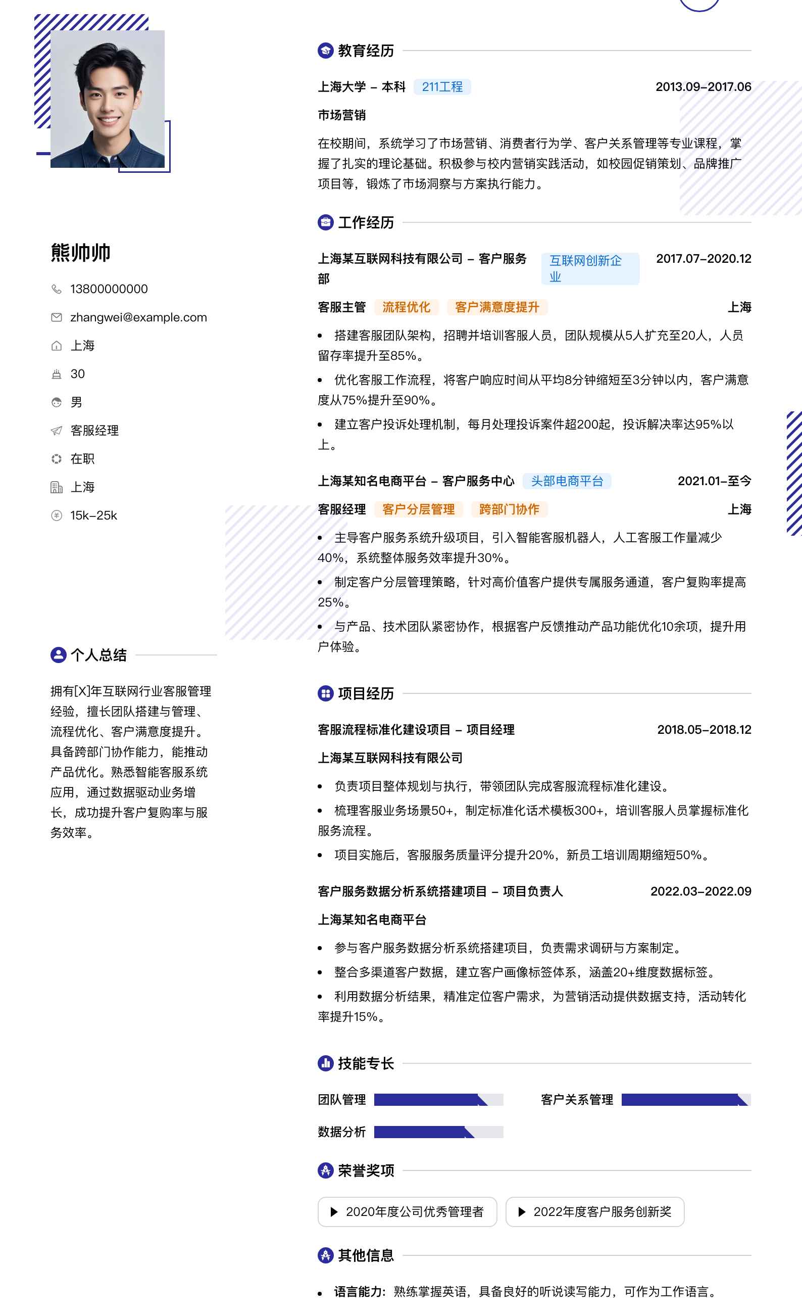 客服经理简历模板