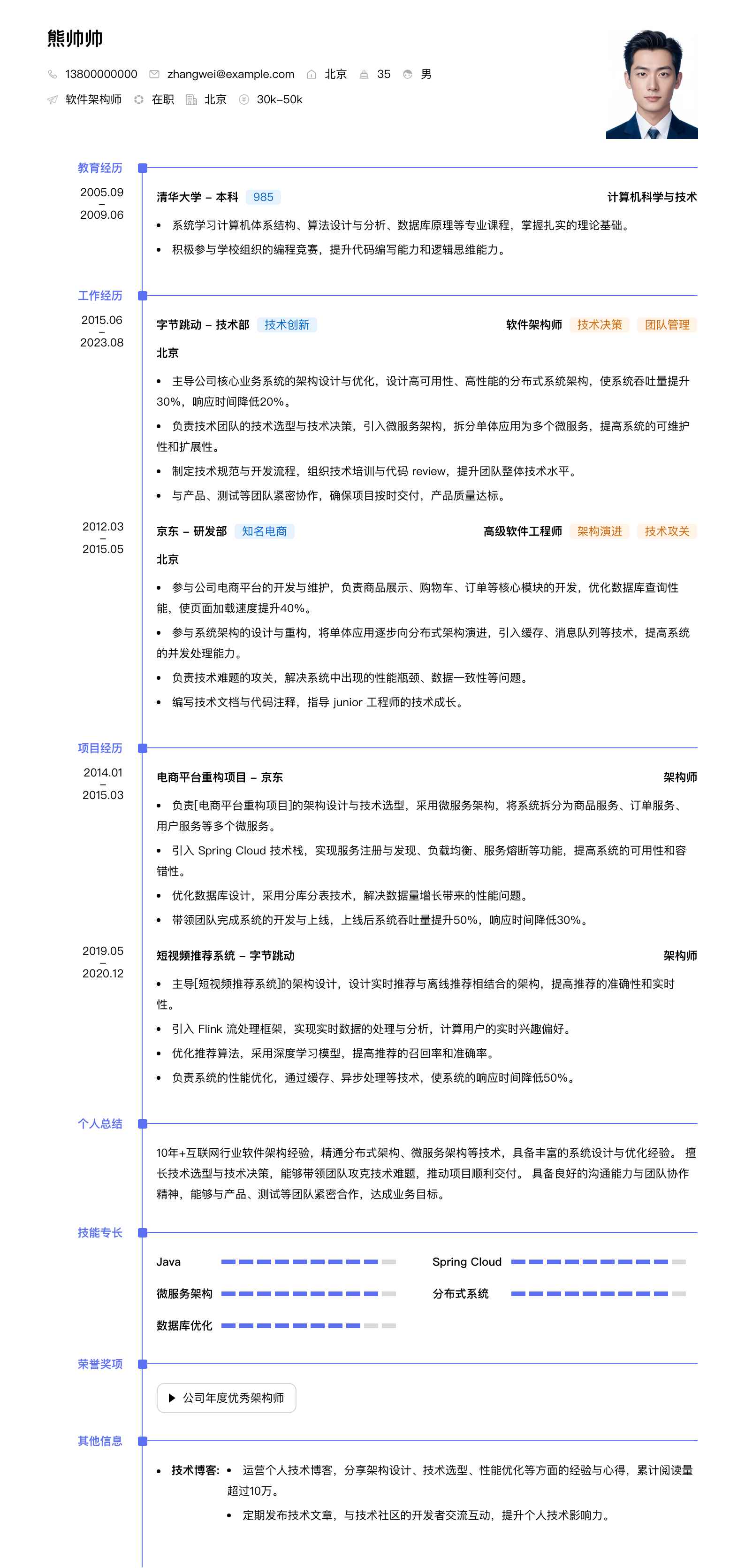 软件架构师简历模板