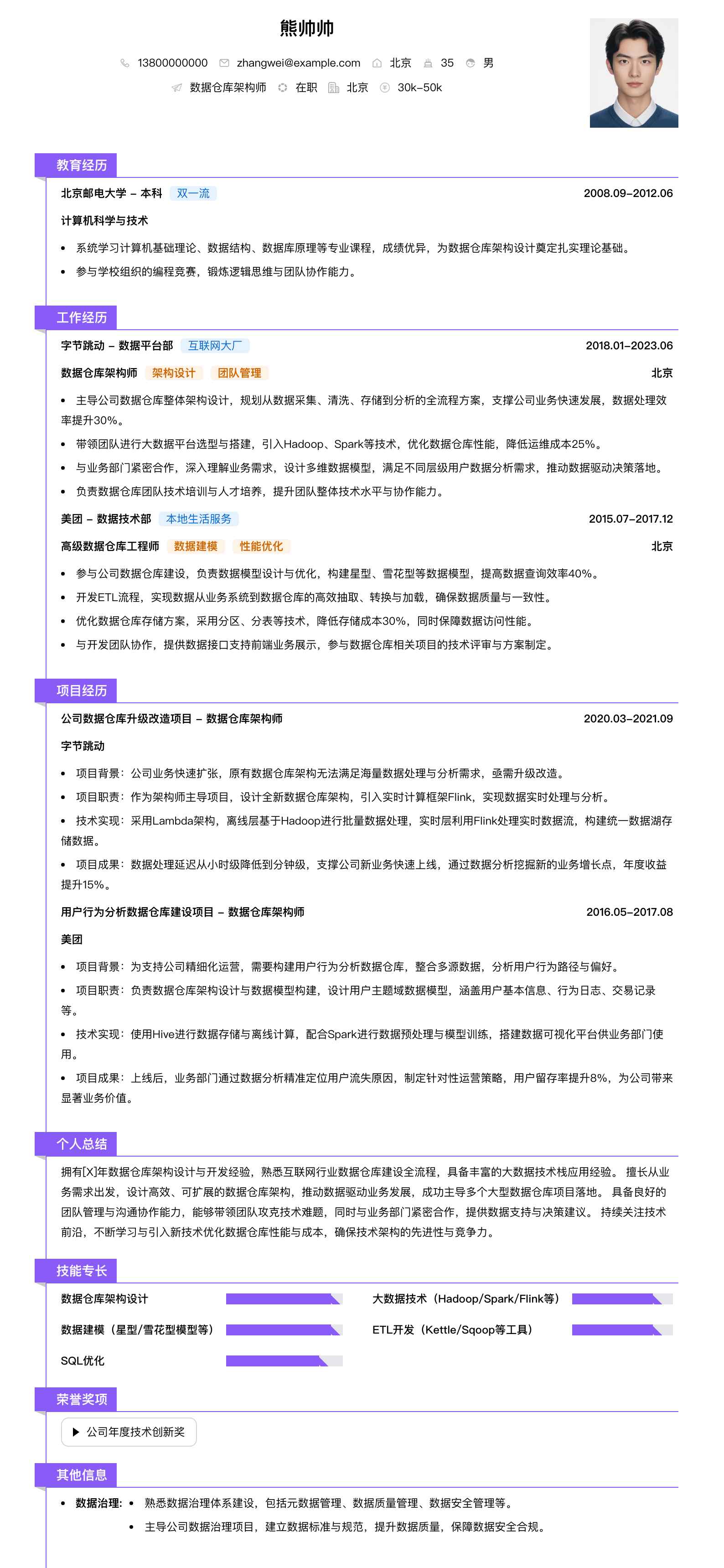 数据仓库架构师简历模板