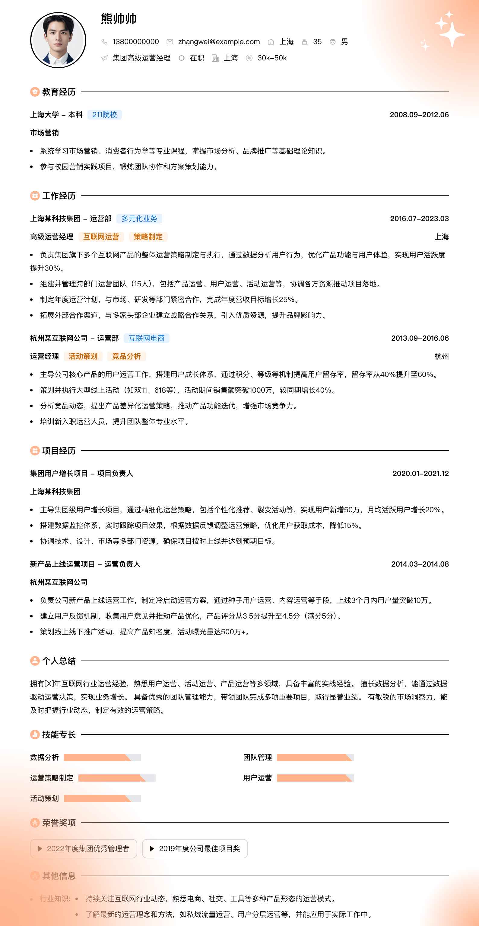 集团高级运营经理简历模板