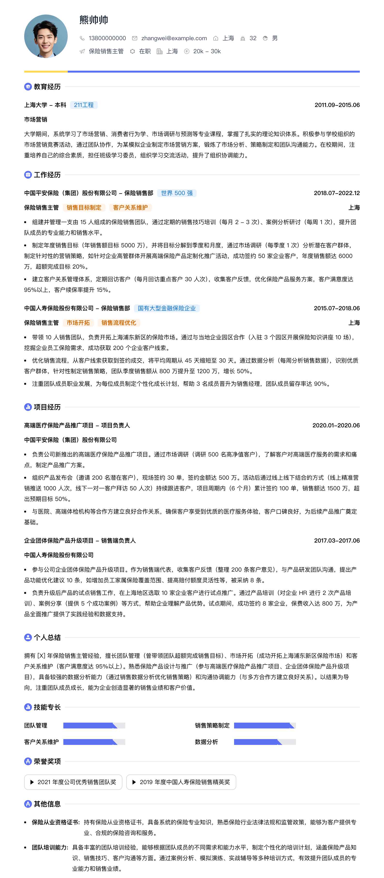 保险销售主管简历模板