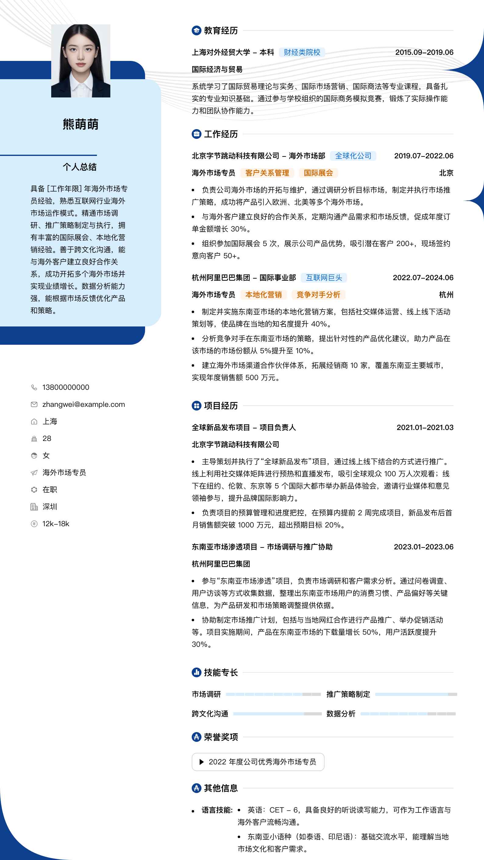 海外市场专员简历模板