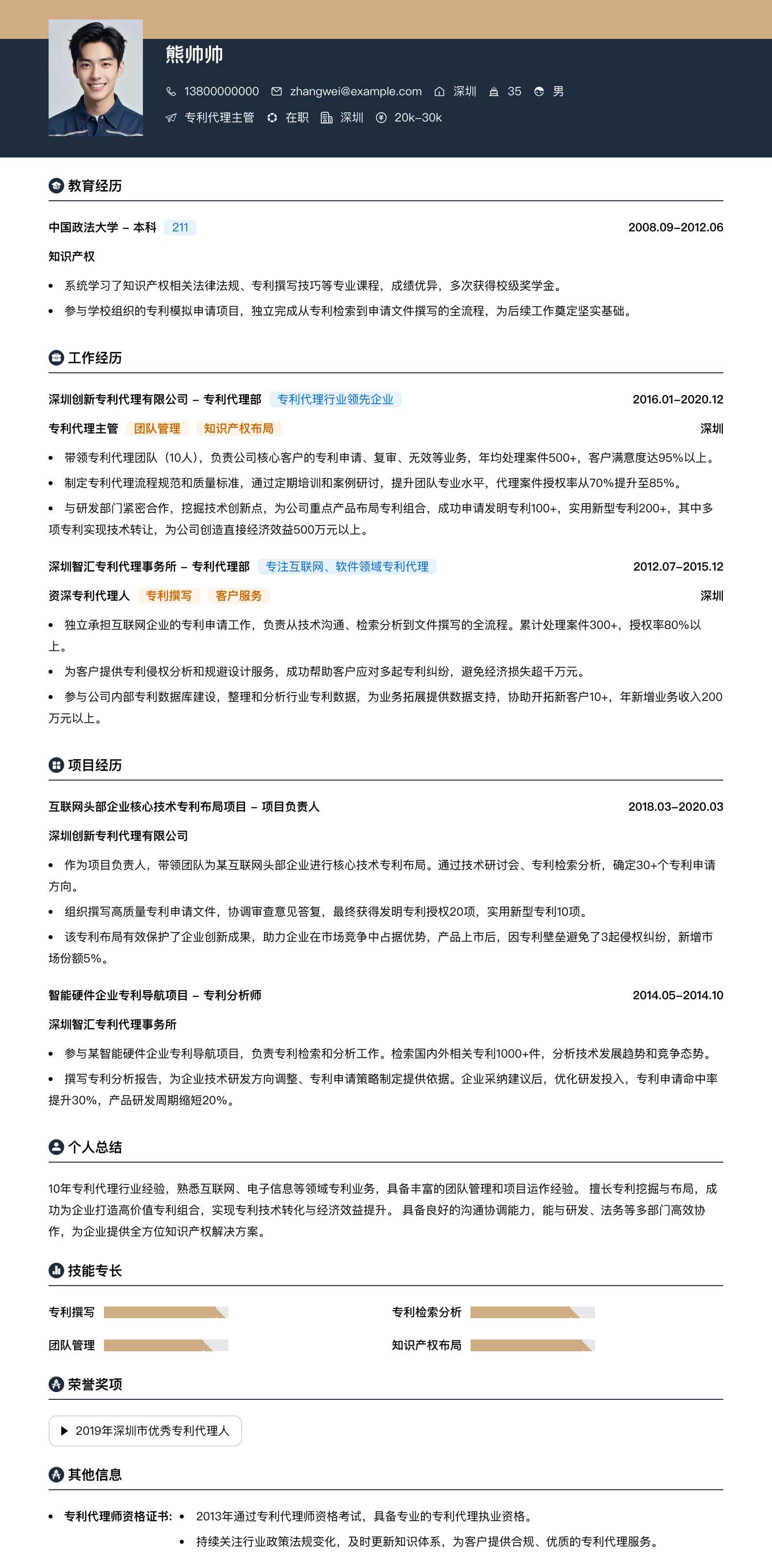 专利代理主管简历模板