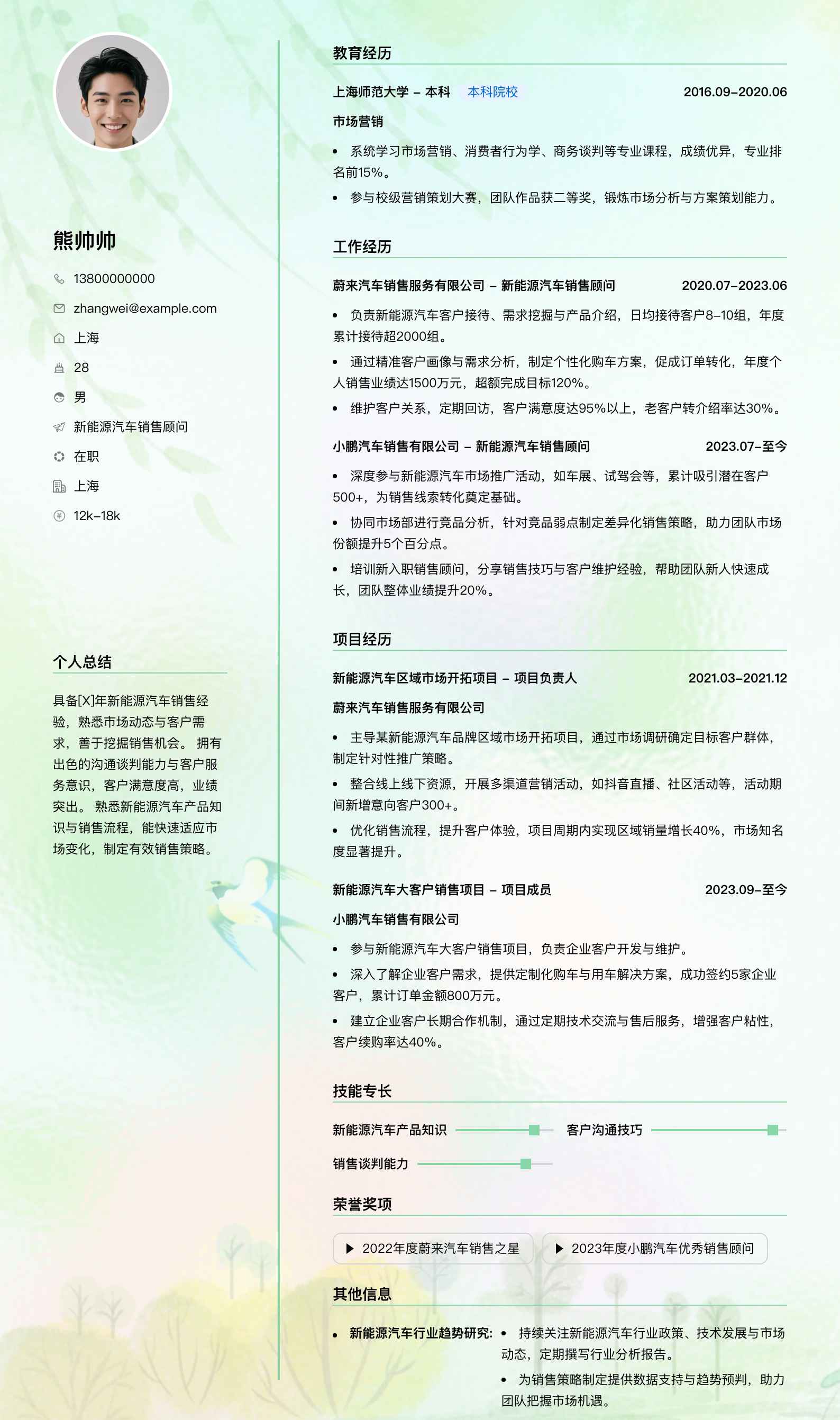新能源汽车销售顾问简历模板
