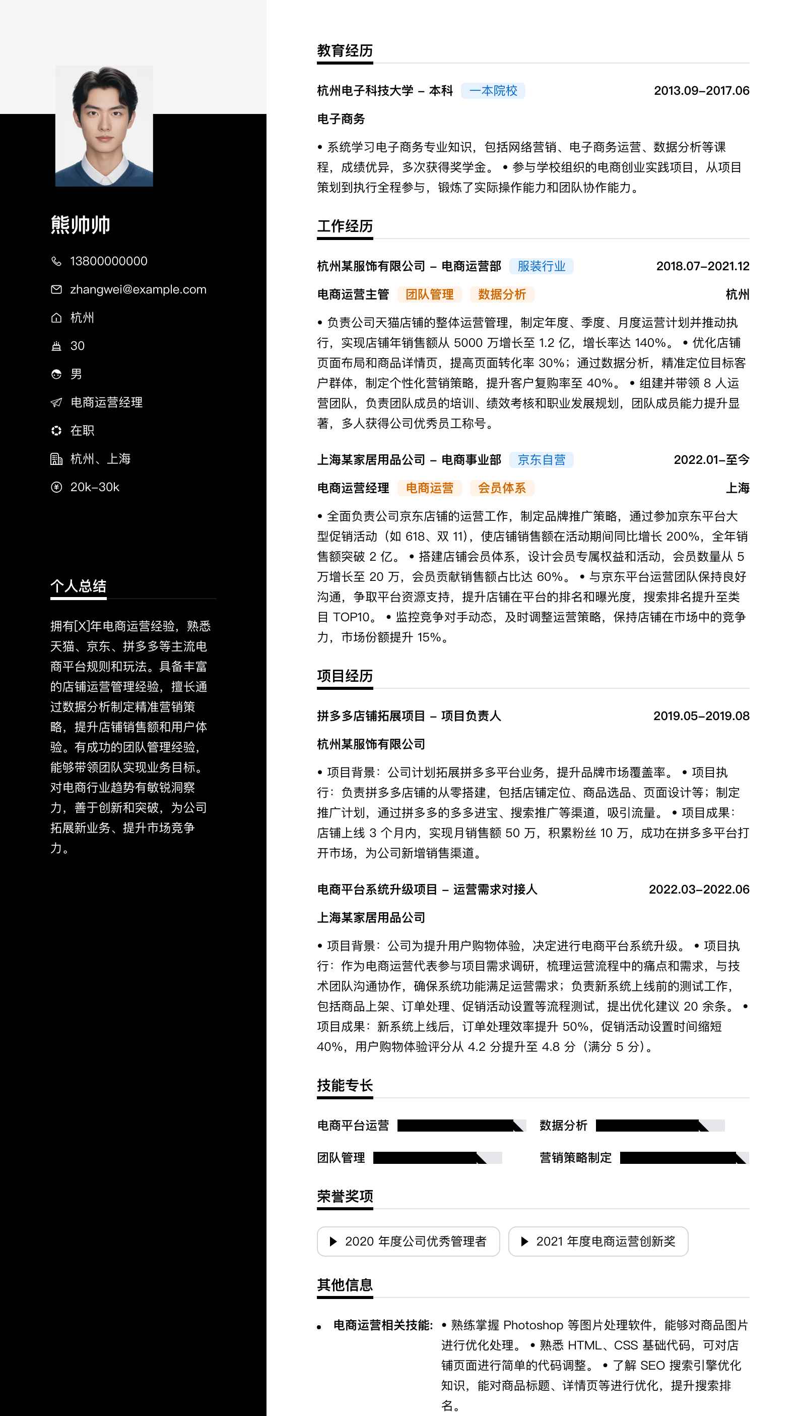 电商运营经理简历模板