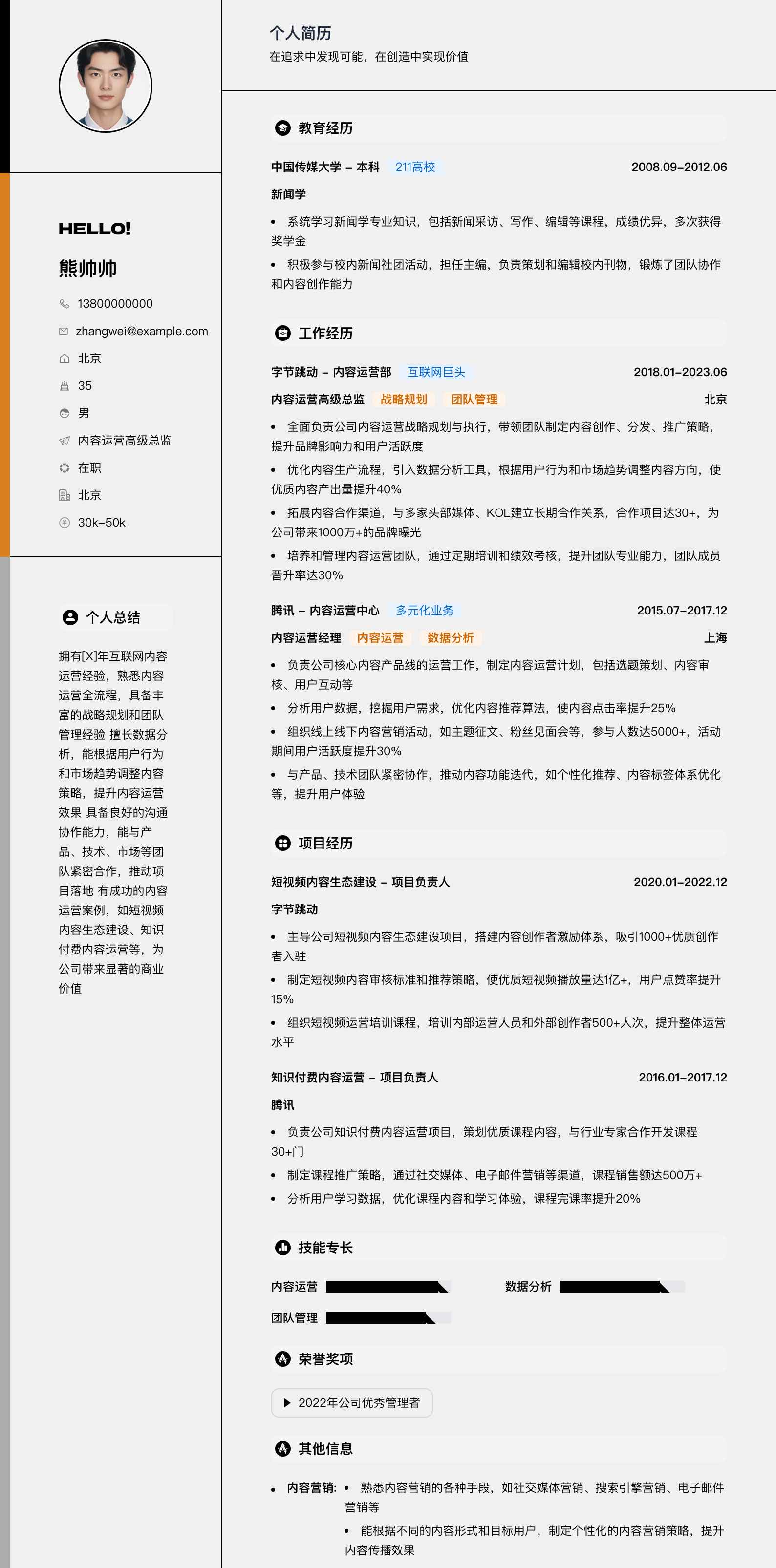 内容运营高级总监简历模板