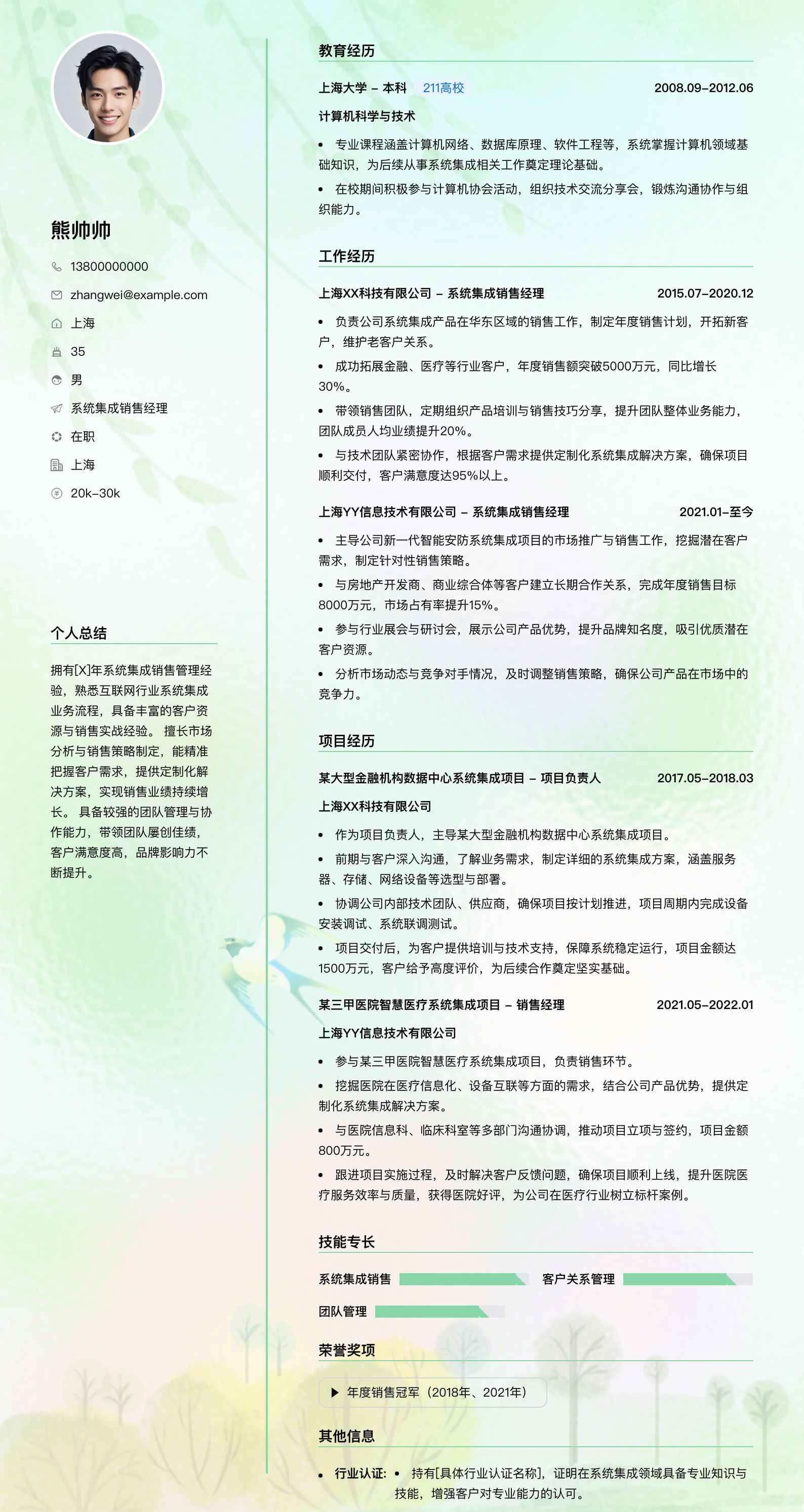 系统集成销售经理简历模板