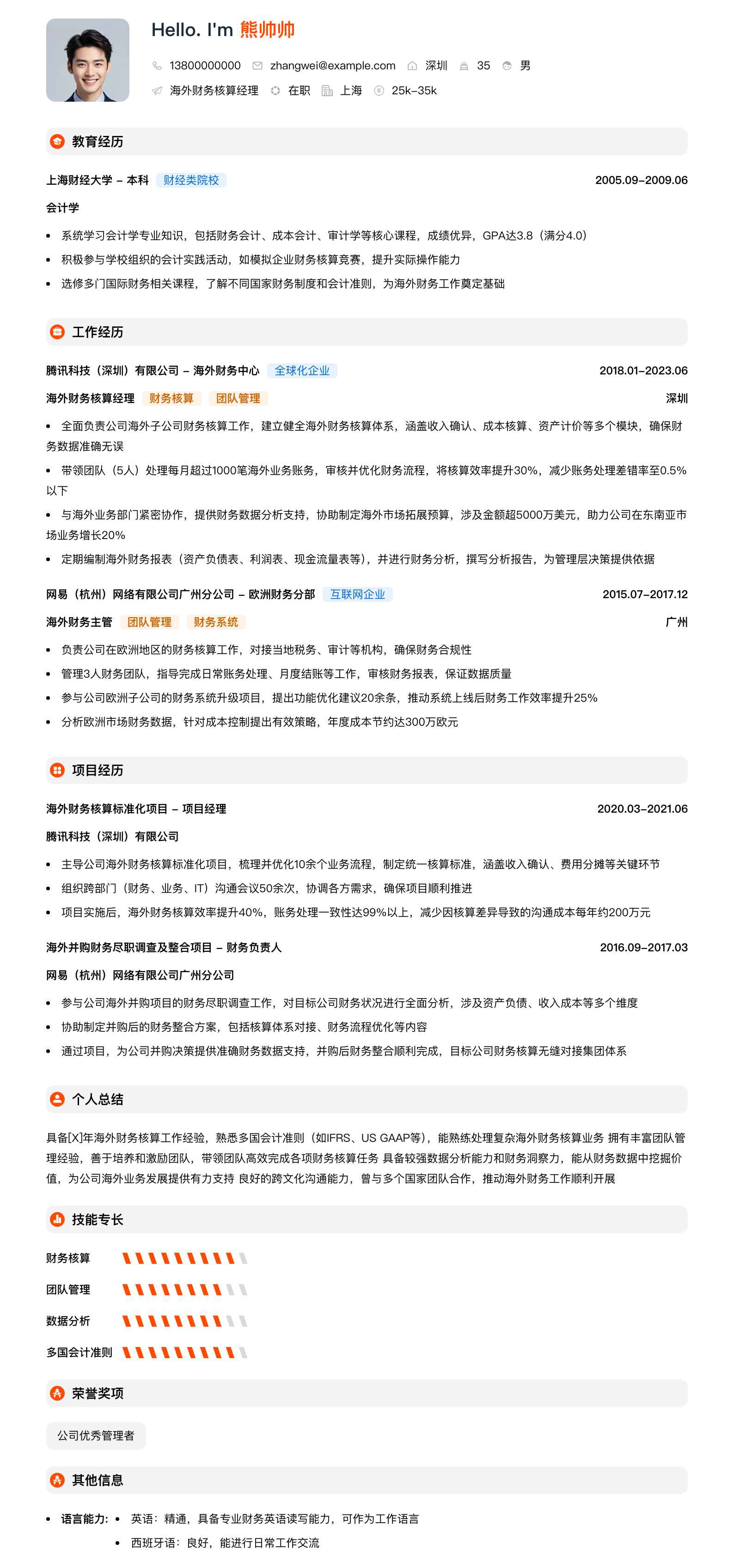 海外财务核算经理简历模板