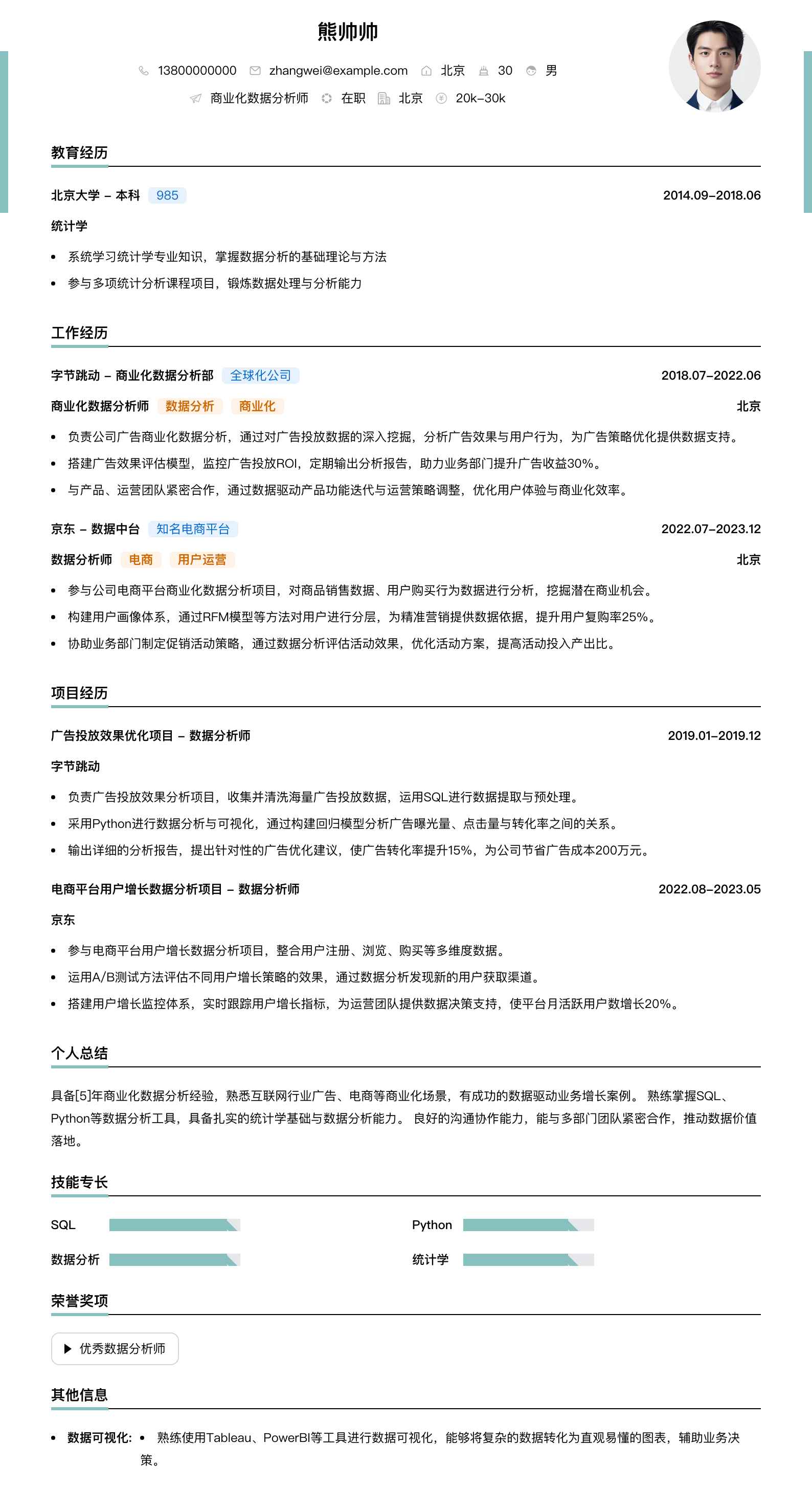 商业化数据分析师简历模板