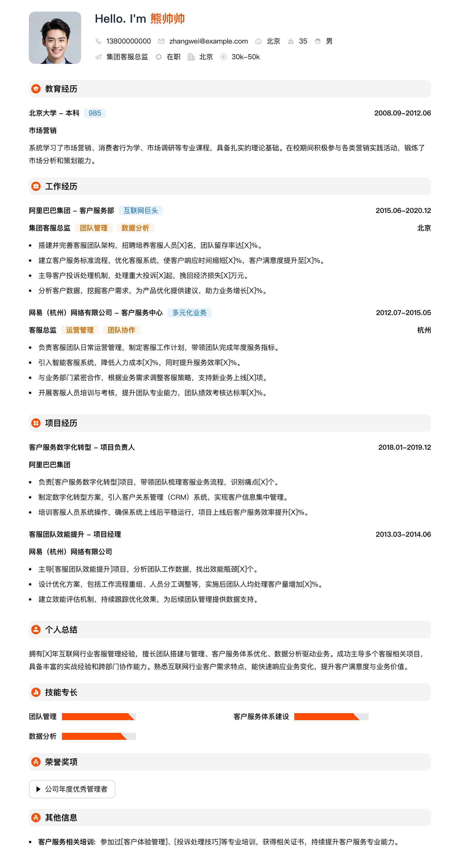 集团客服总监简历模板