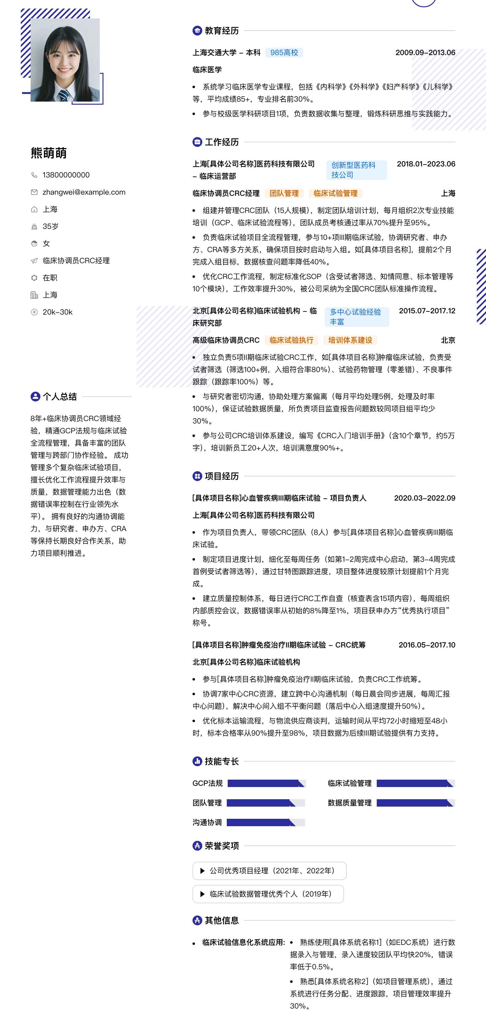 临床协调员crc经理简历模板