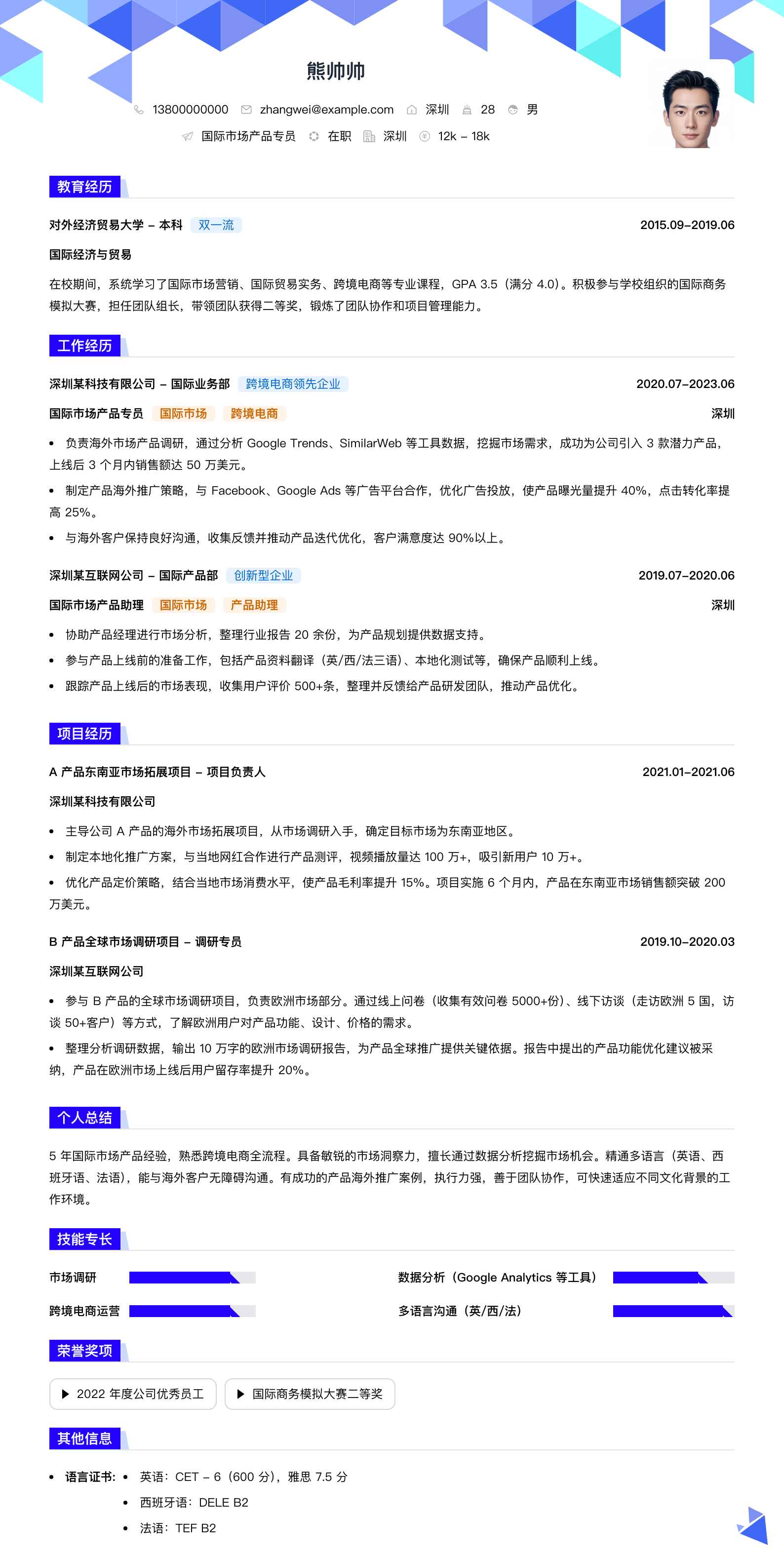 国际市场产品专员简历模板