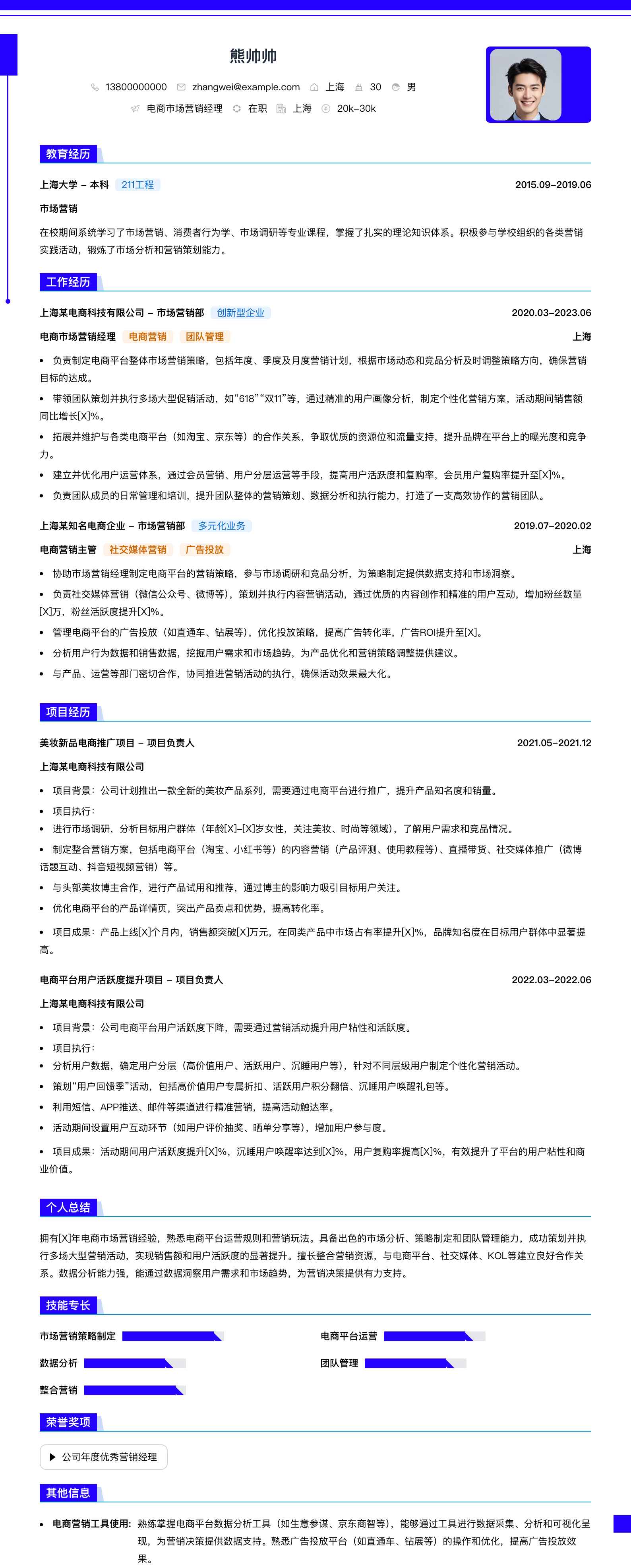 电商市场营销经理简历模板