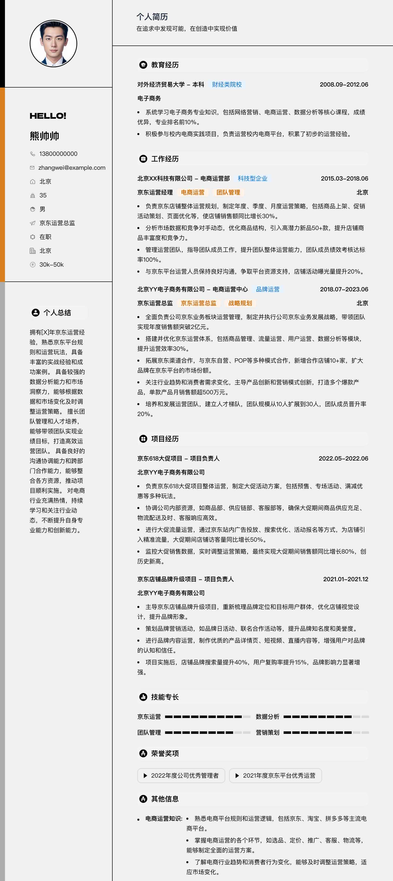 京东运营总监简历模板