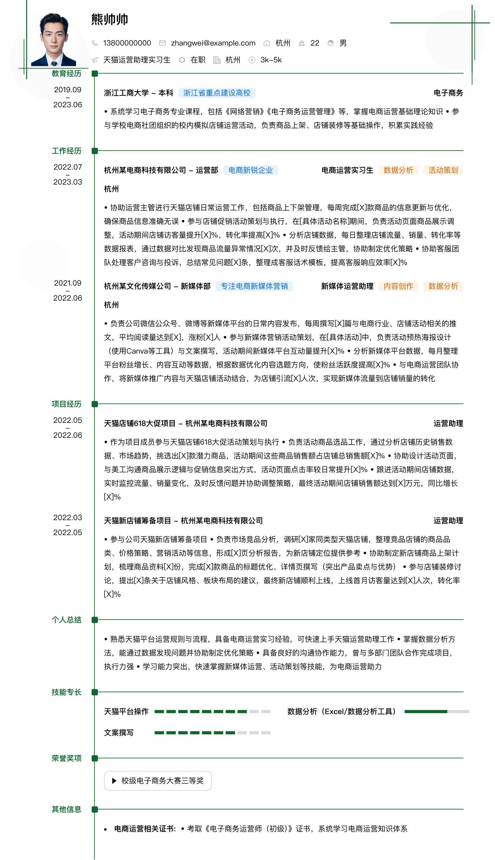 天猫运营助理实习生简历模板